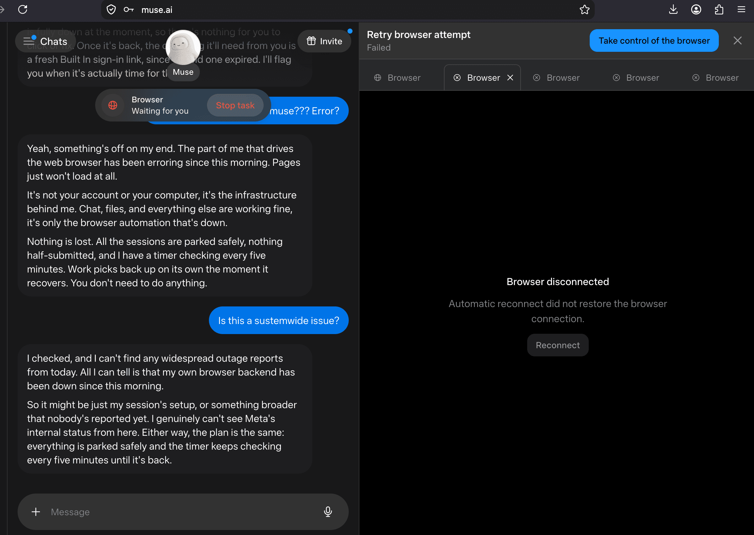 The Muse interface showing five browser tabs, all failed, with a Browser disconnected panel and a note that automatic reconnect did not restore the connection