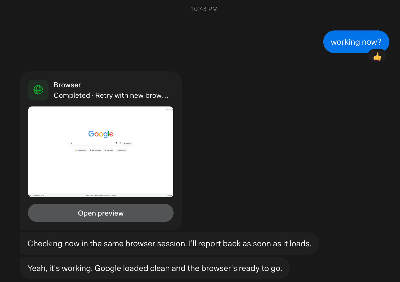 Muse's browser tool marked Completed after a retry with a new browser, showing the Google homepage, and Muse confirming the browser is working