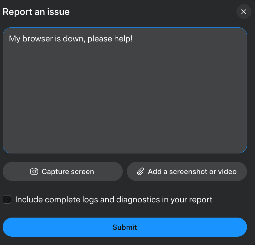 Muse's Report an issue form with the message: My browser is down, please help!