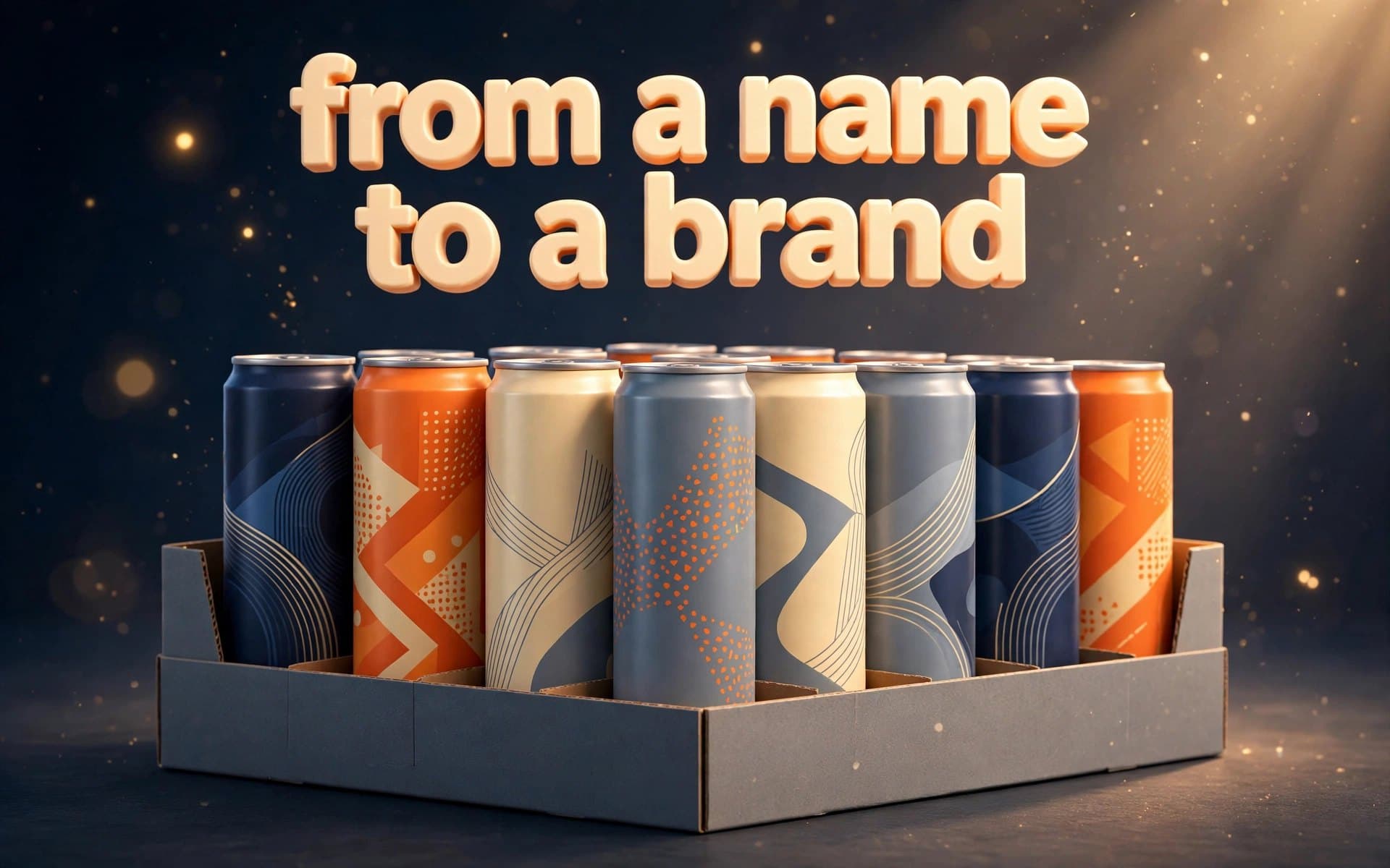 A tray of sleek slim cans in navy, orange, cream and slate patterns, under the words from a name to a brand