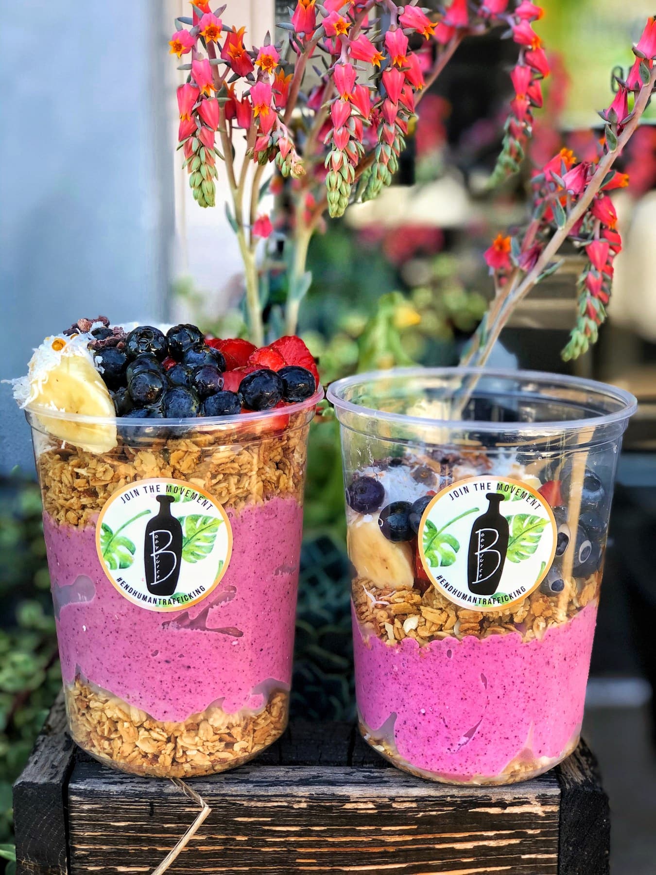 Two Body Juice açaí bowls with Join the Movement labels