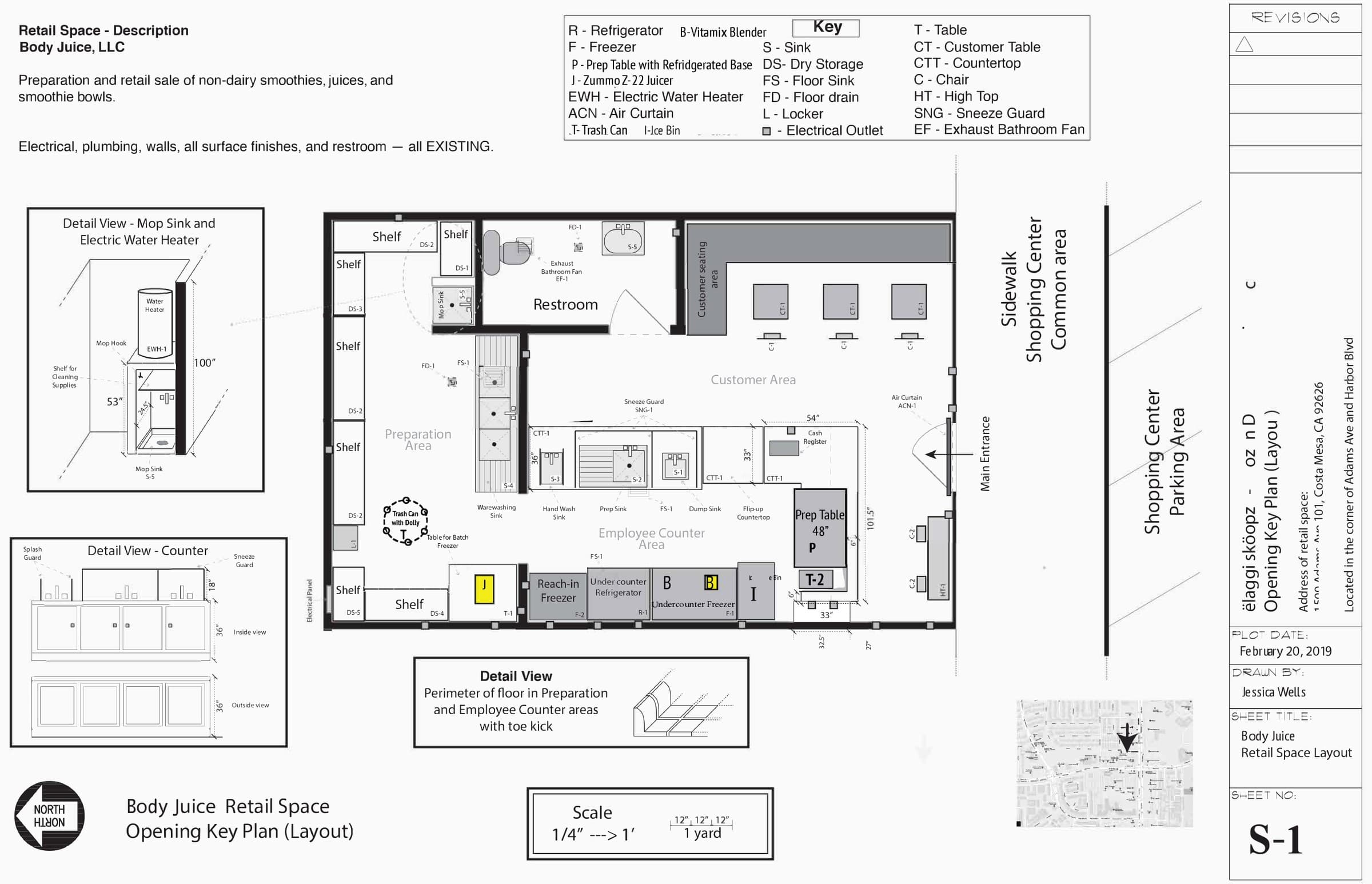 Body Juice retail space opening key plan, sheet S-1, drawn by Jessica Wells, February 2019