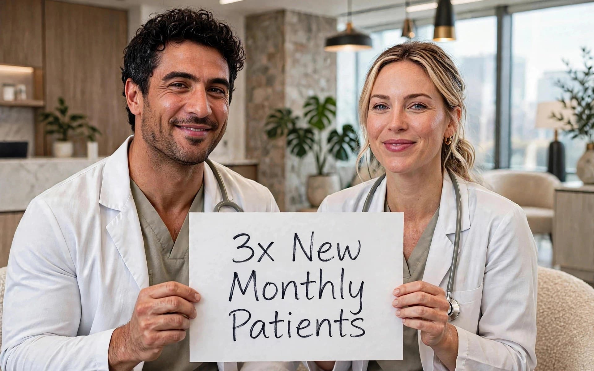Two smiling clinicians in white coats holding a handwritten sign that reads 3x New Monthly Patients, in a bright medical office