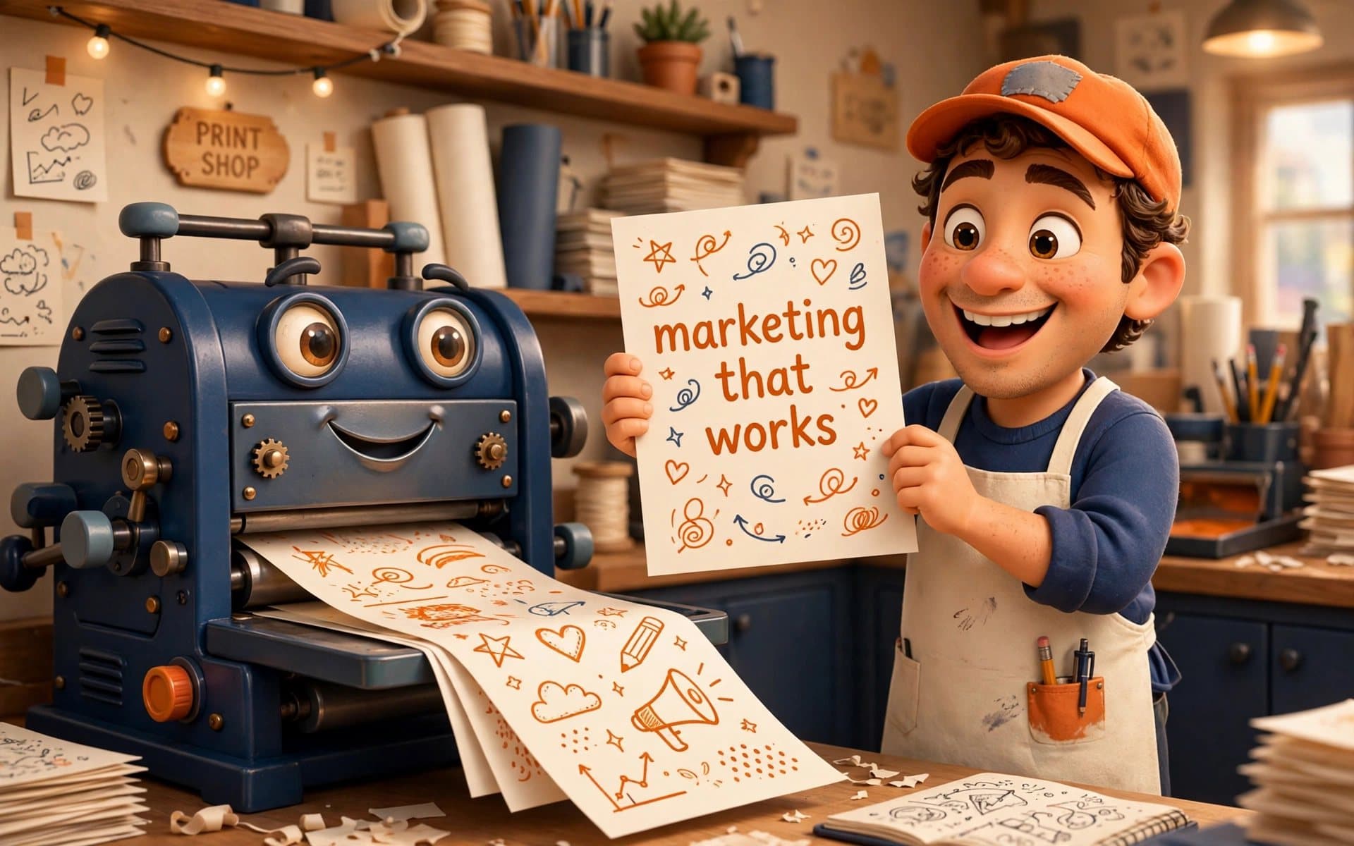 A playful 3D illustration of a smiling printer holding up a sheet that reads marketing that works, beside a printing press with a cheerful face
