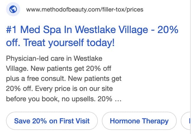 Google Ads preview: number one med spa in Westlake Village, 20% off