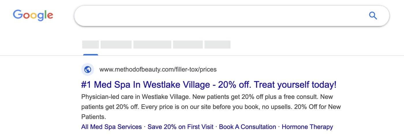 Google Ads preview on desktop with four sitelinks