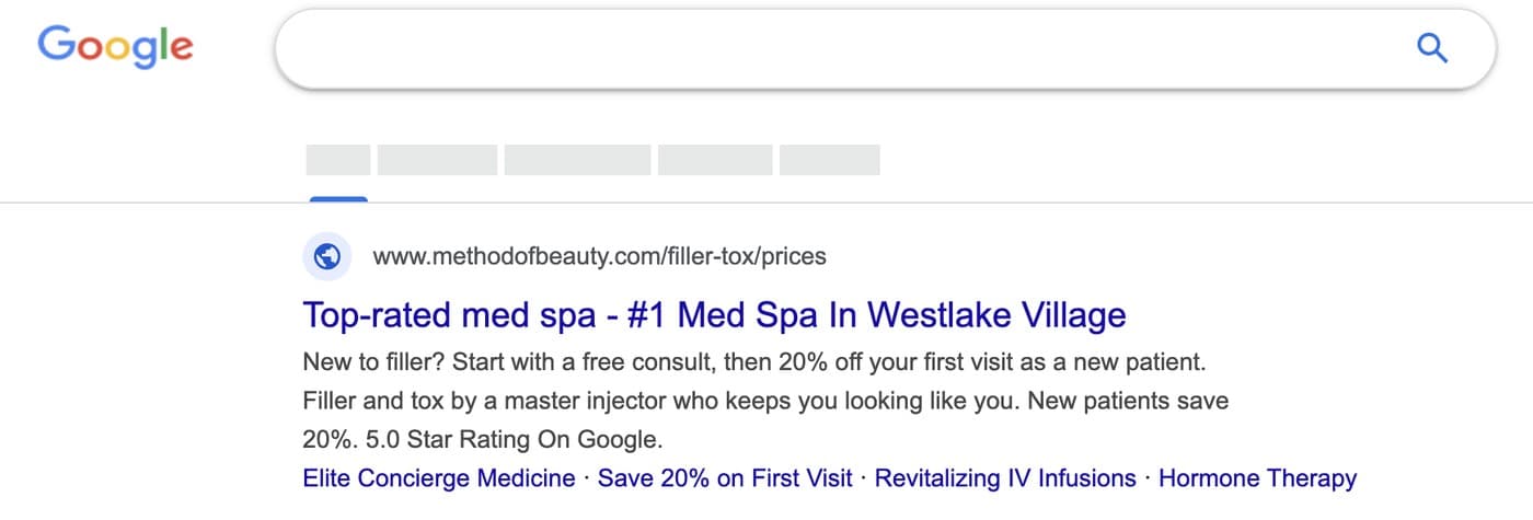 Google Ads preview on desktop: top-rated med spa in Westlake Village