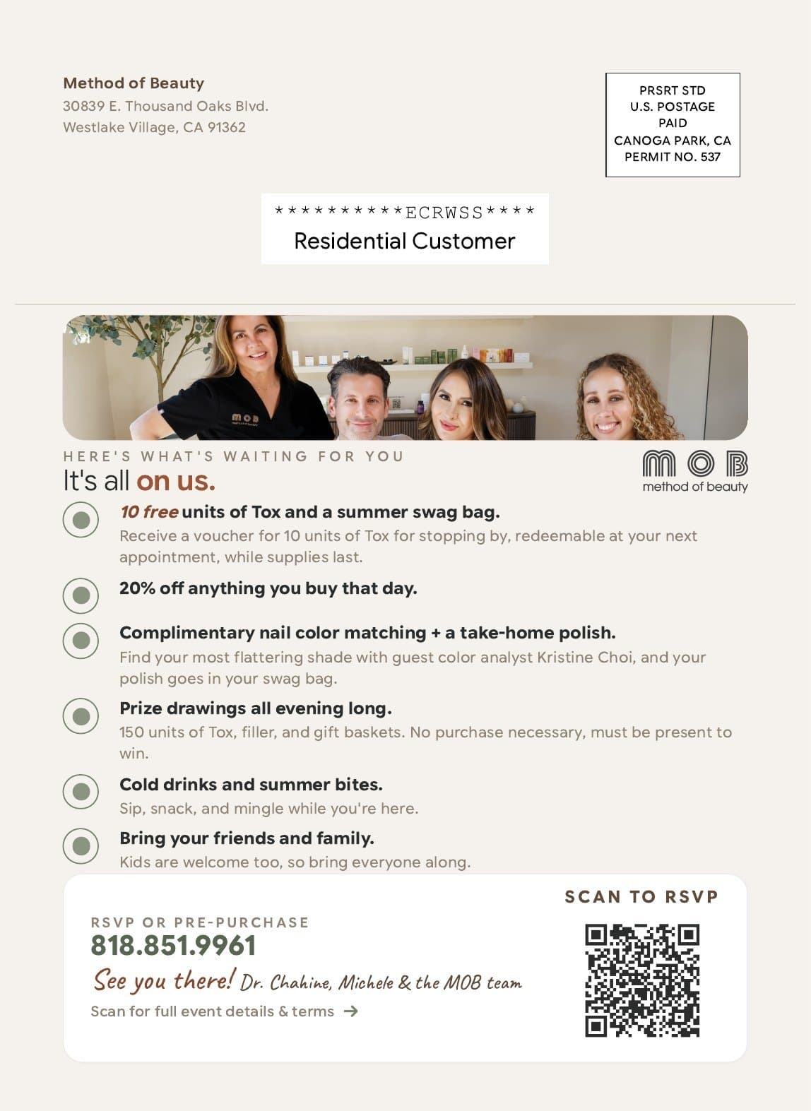 Summer party postcard, back, with the offers and the RSVP QR