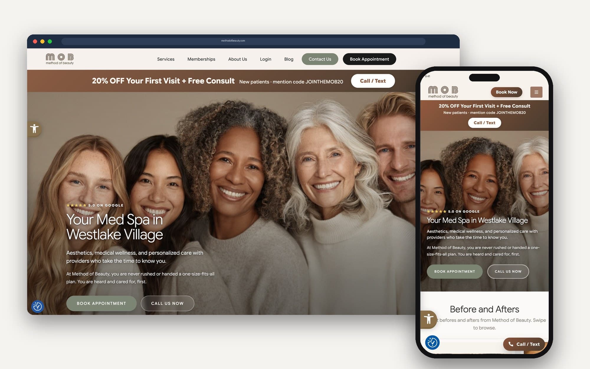 The rebuilt Method of Beauty med spa website shown on a desktop screen and a phone