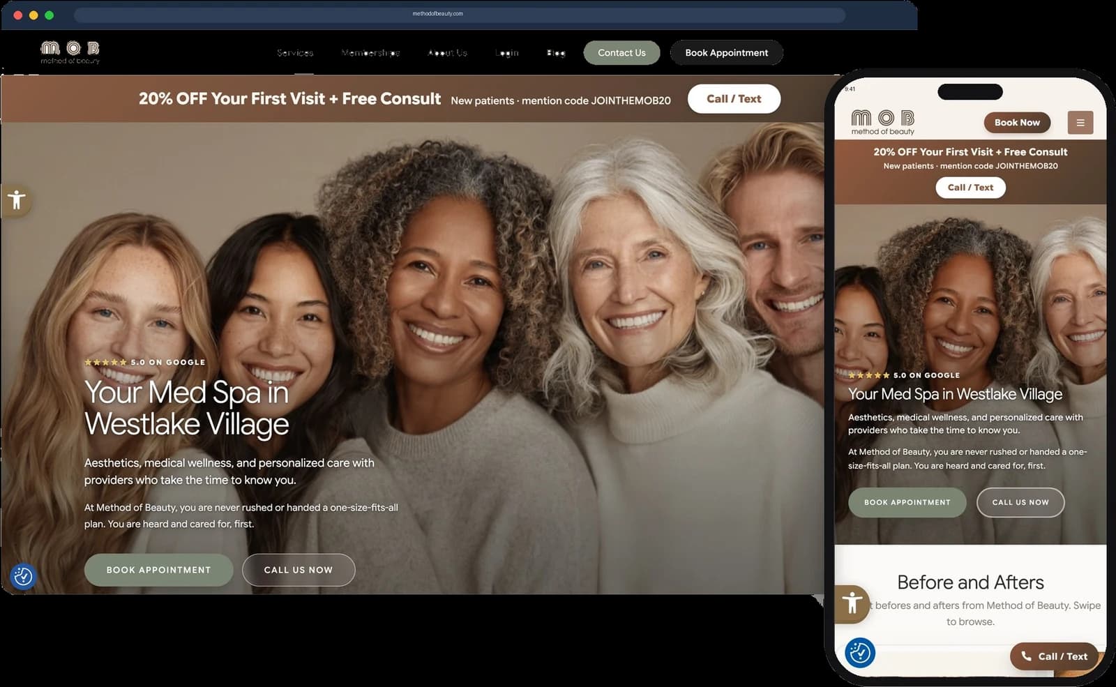 The rebuilt Method of Beauty website shown on a desktop screen and a phone