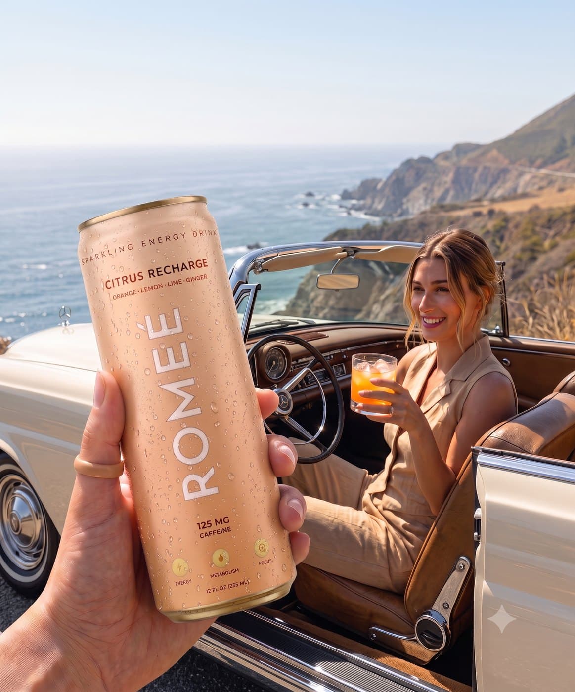 Citrus Recharge held up against the Pacific Coast Highway
