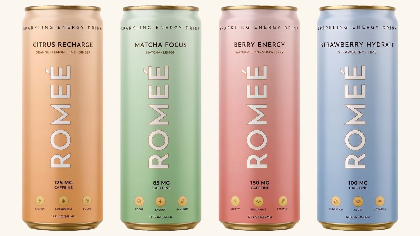 The four Romeé sparkling energy drink cans lined up: citrus, matcha, berry and strawberry