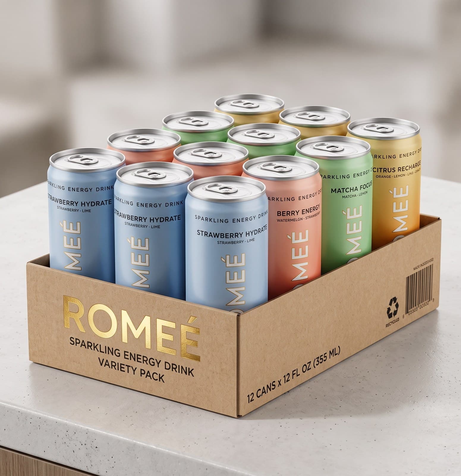 The Romée 12-can variety pack carton