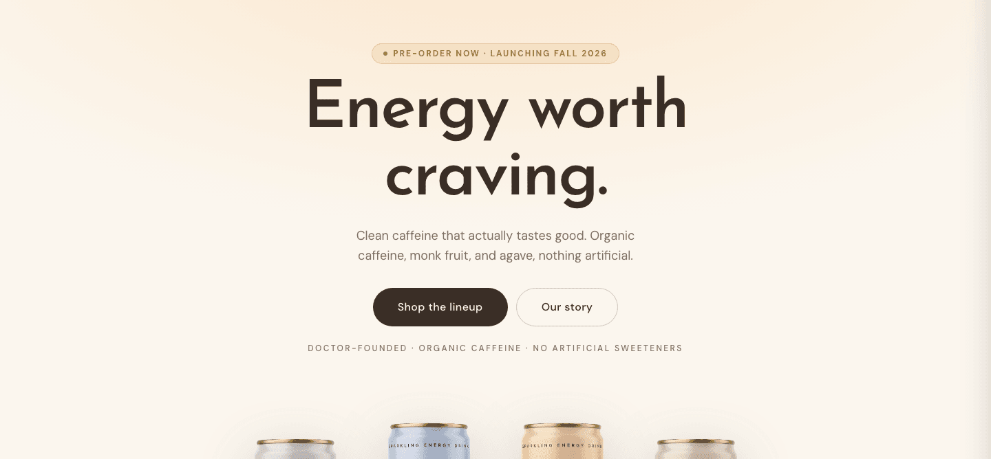The Romee homepage: Energy worth craving, above the four-can lineup