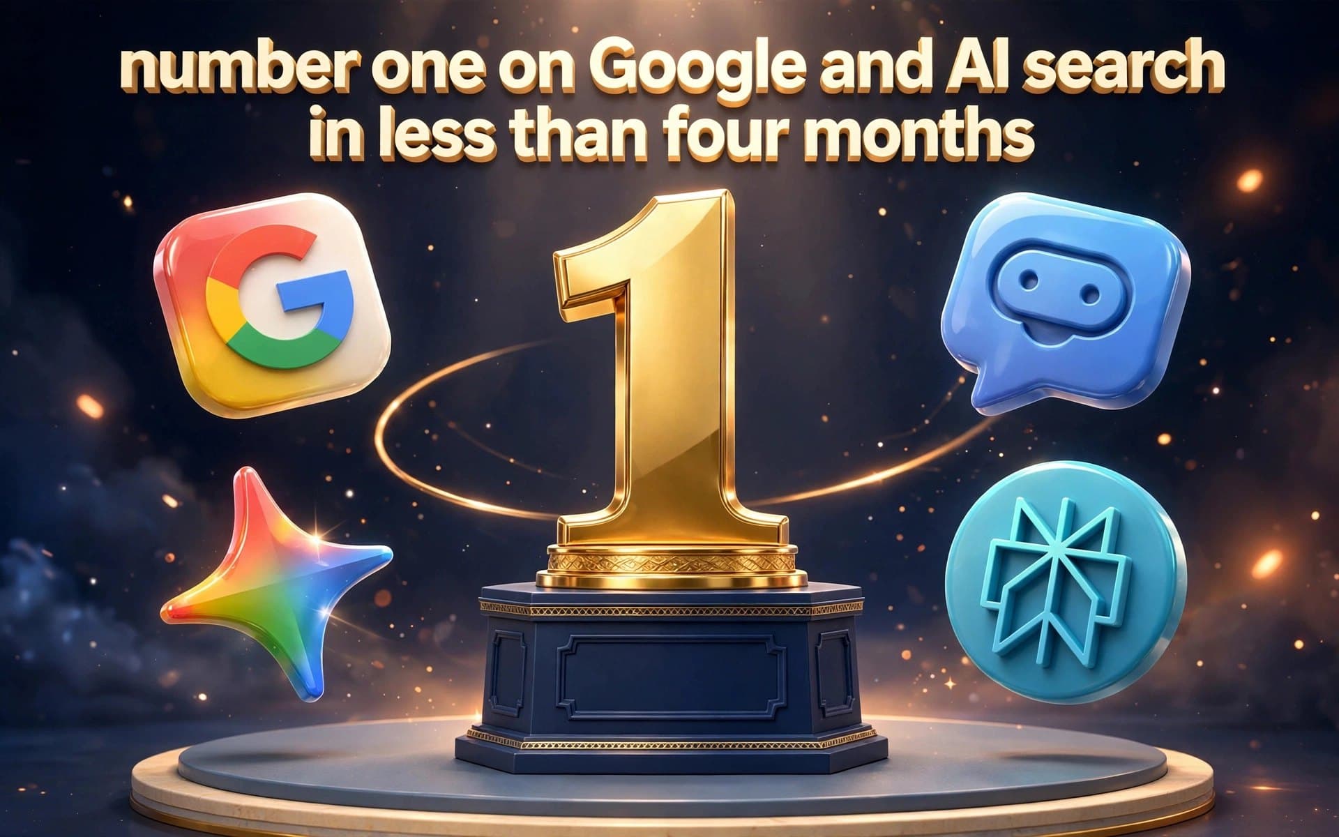 A gold number one trophy on a stage, surrounded by search and AI assistant icons, under the words number one on Google and AI search in less than four months