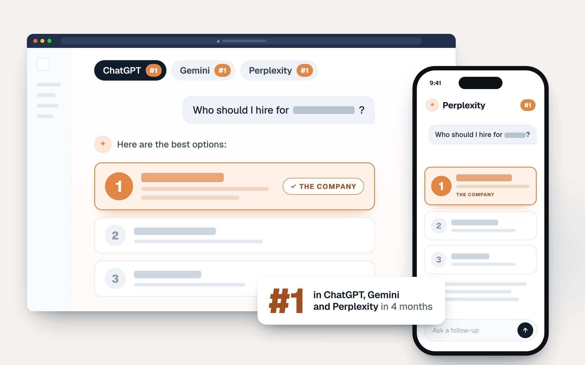 A drawing of AI answers from ChatGPT, Gemini and Perplexity that name the company first, on a desktop screen and a phone, with every name hidden