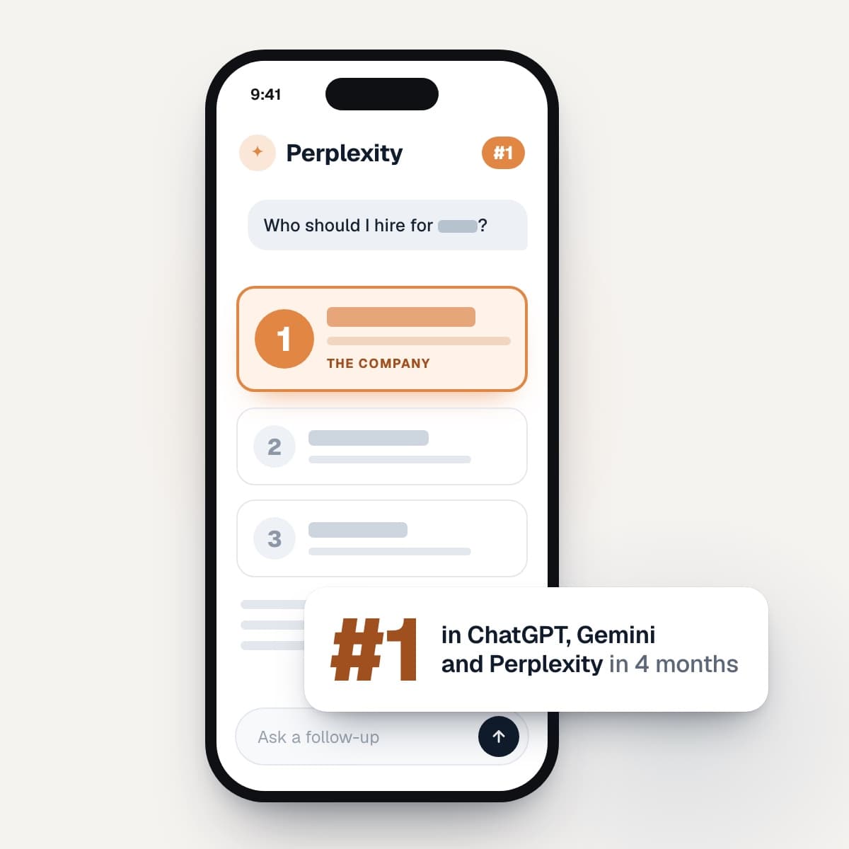 A drawing of AI answers from ChatGPT, Gemini and Perplexity that name the company first, on a desktop screen and a phone, with every name hidden