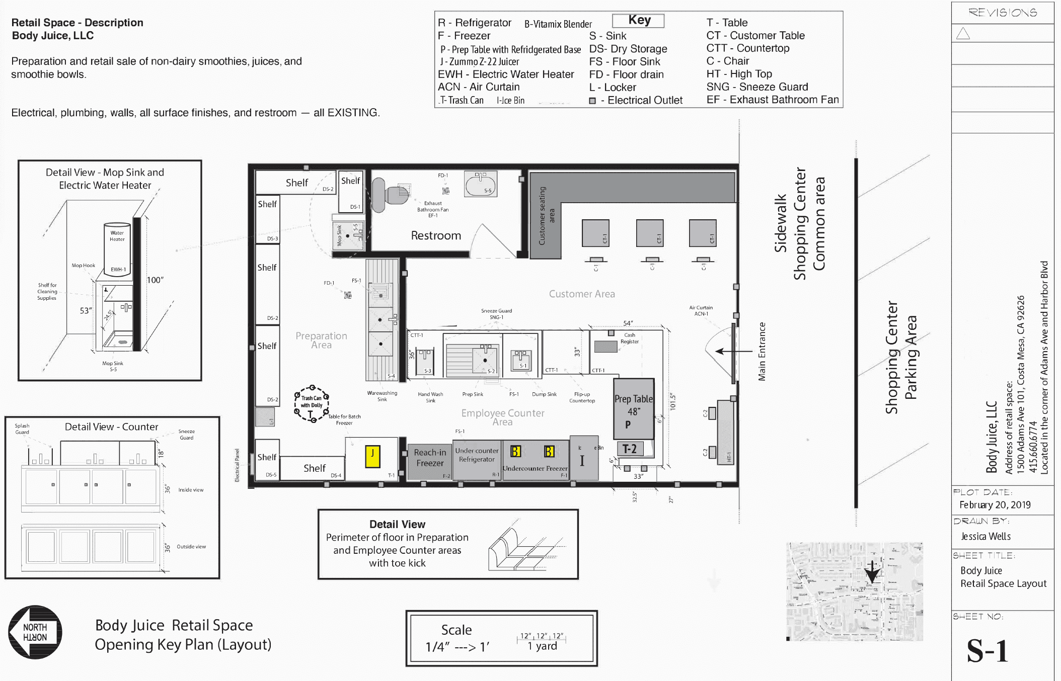 Hand-drawn architectural floor plans for Body Juice approved by health department