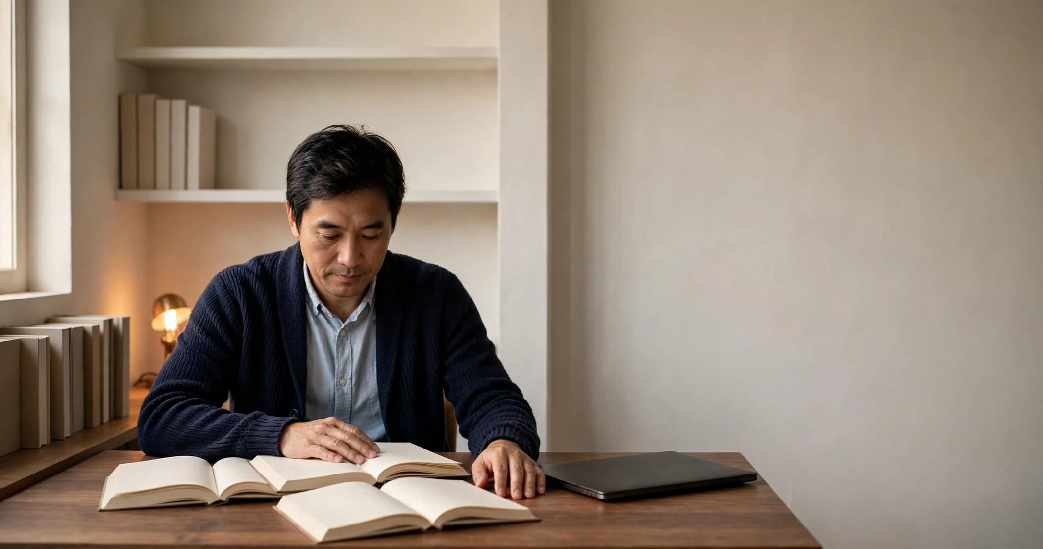 A man at a walnut desk in a quiet study, cross-checking between two open books.