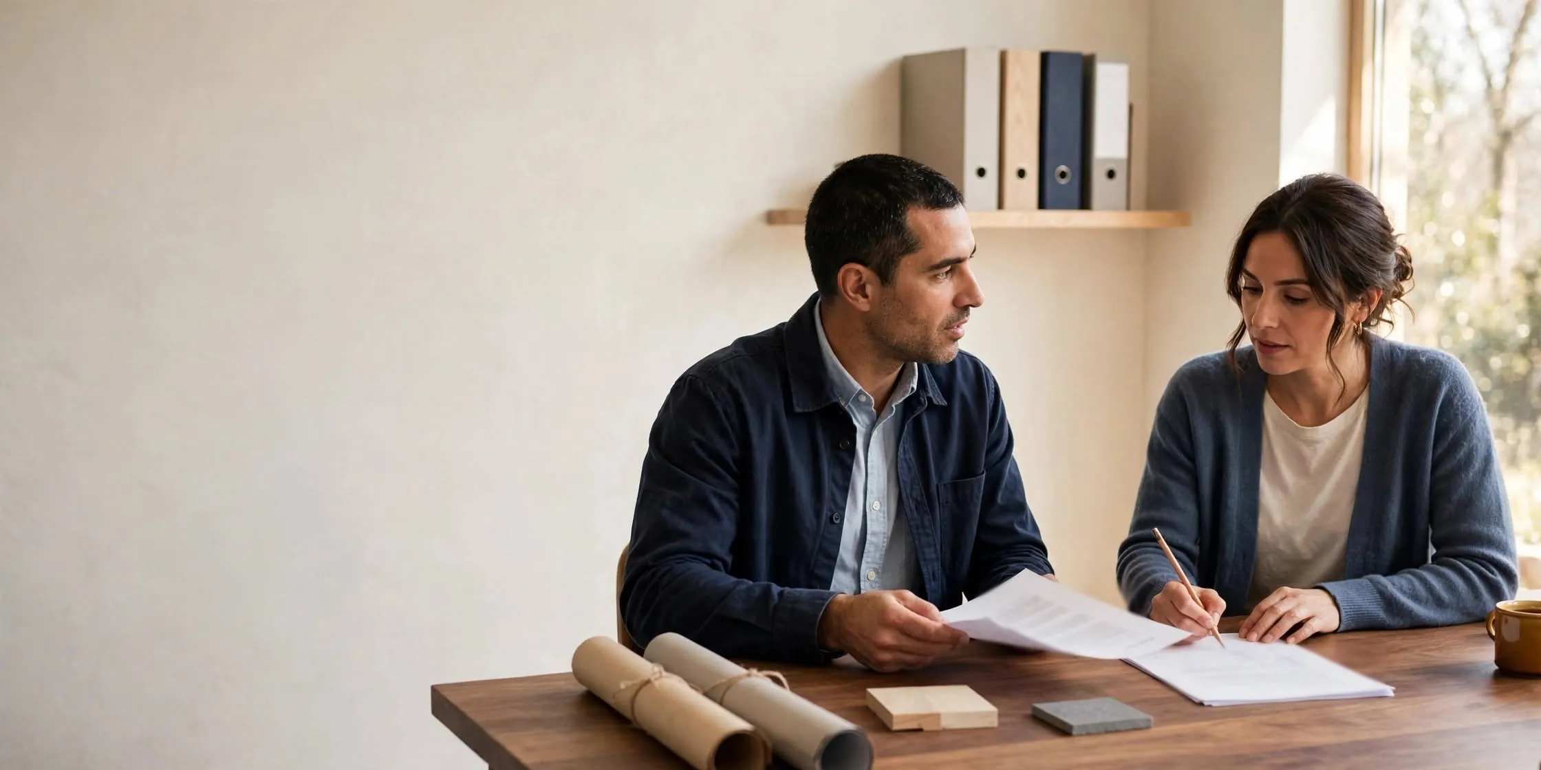 Two business leaders reviewing a printed proposal and material samples at a conference table.