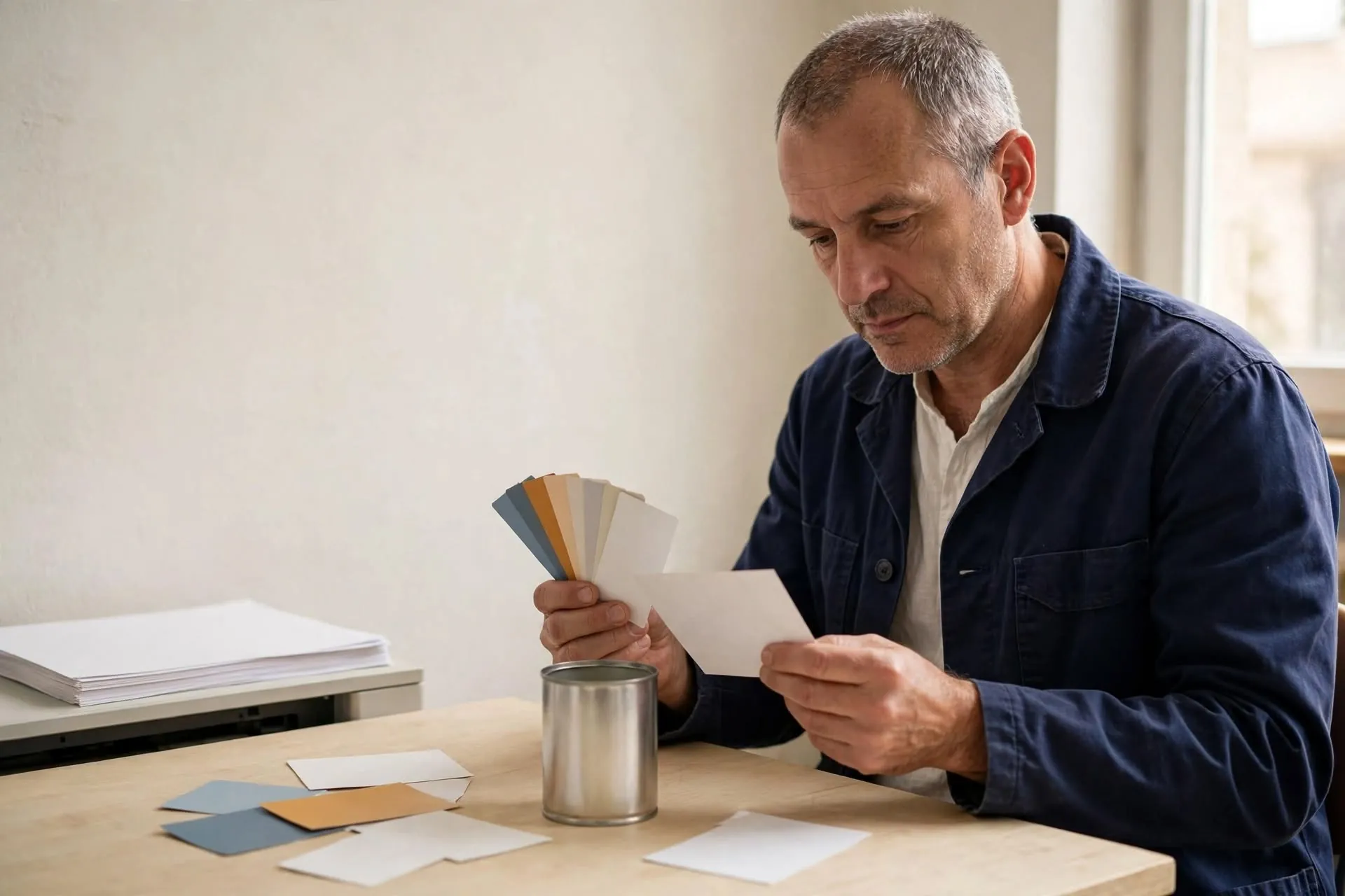 Designer comparing a blank packaging proof with an unbranded aluminum can at a worktable.
