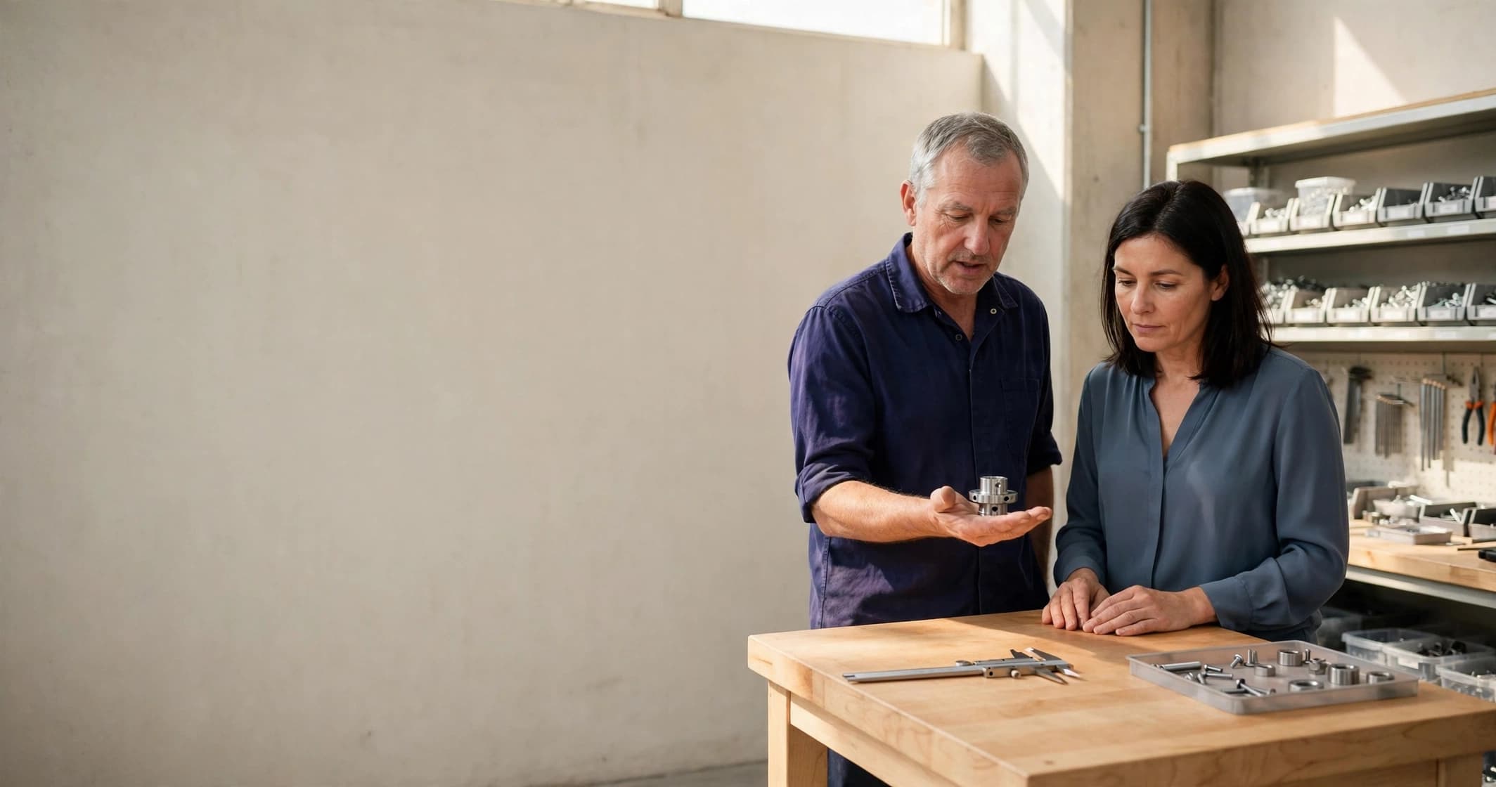 Two people at a workbench in a light industrial workshop, one holding a machined metal part flat on his open palm.