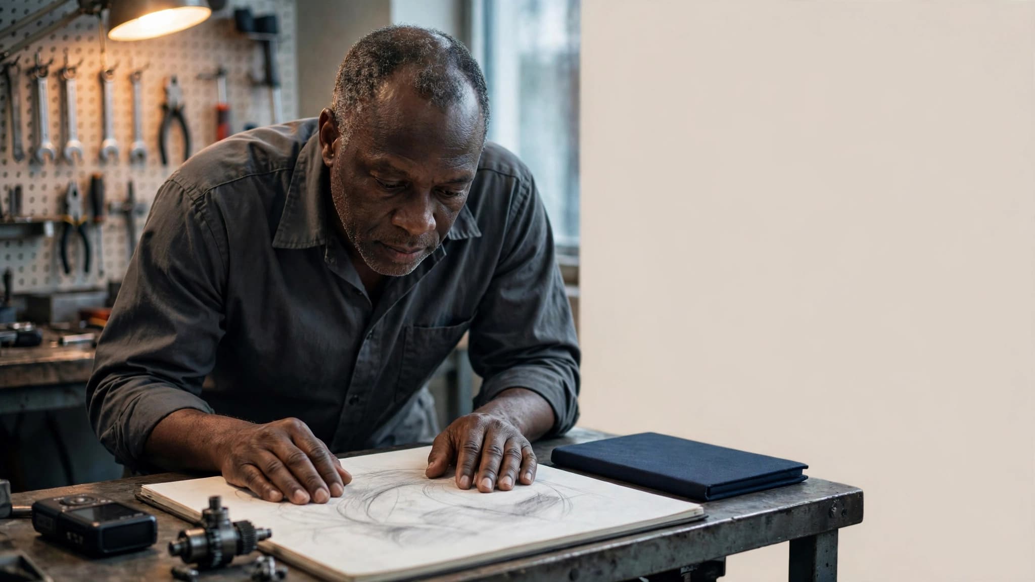 A man leaning over a workshop bench, studying a pencil sketch on a large pad.