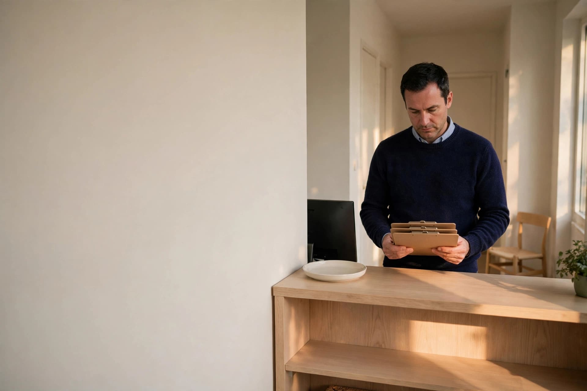 A man clearing a stack of clipboards from the reception counter of a small clinic.