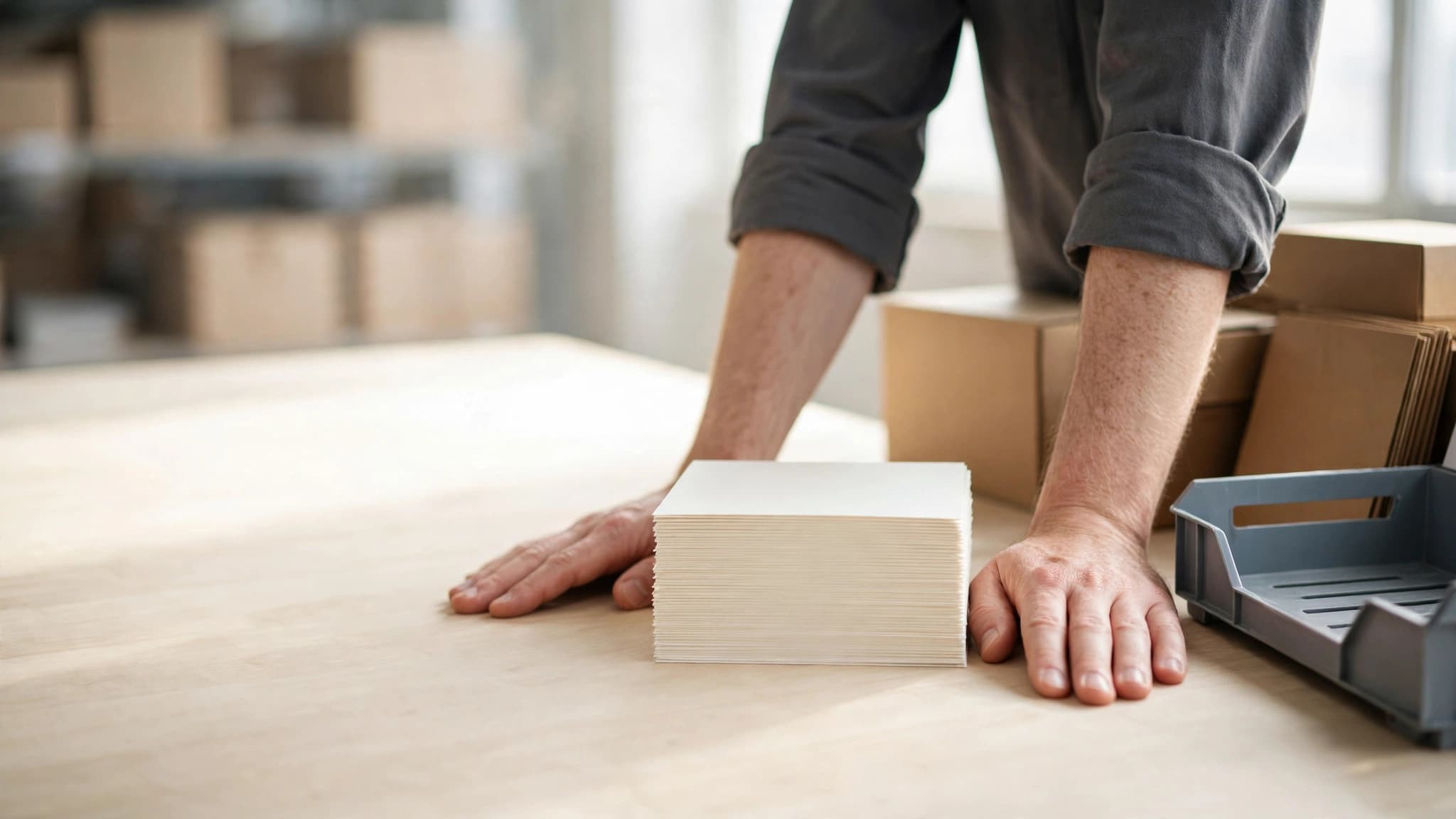 A man's hands squaring a stack of blank postcards beside a mail tray on a pale wood table.