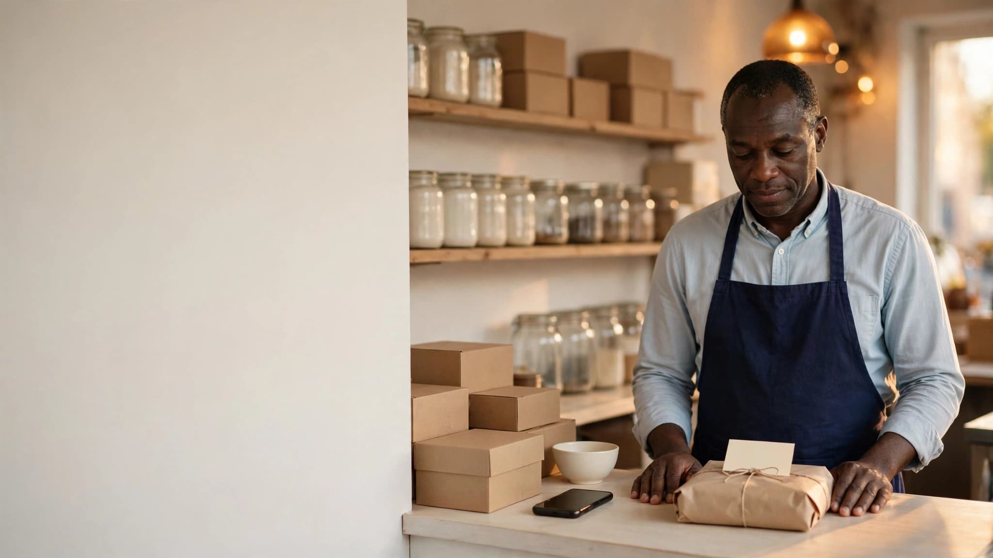 A shop owner at the counter of a small food shop, a blank card resting on a parcel wrapped in kraft paper and twine.