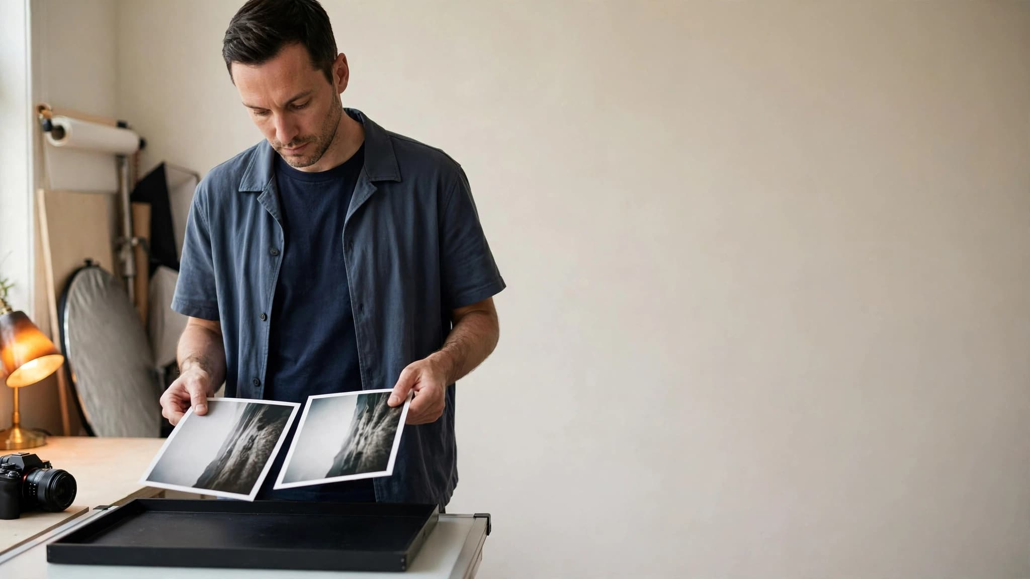 A man in a small photo studio holding two photographic prints side by side above a light table.