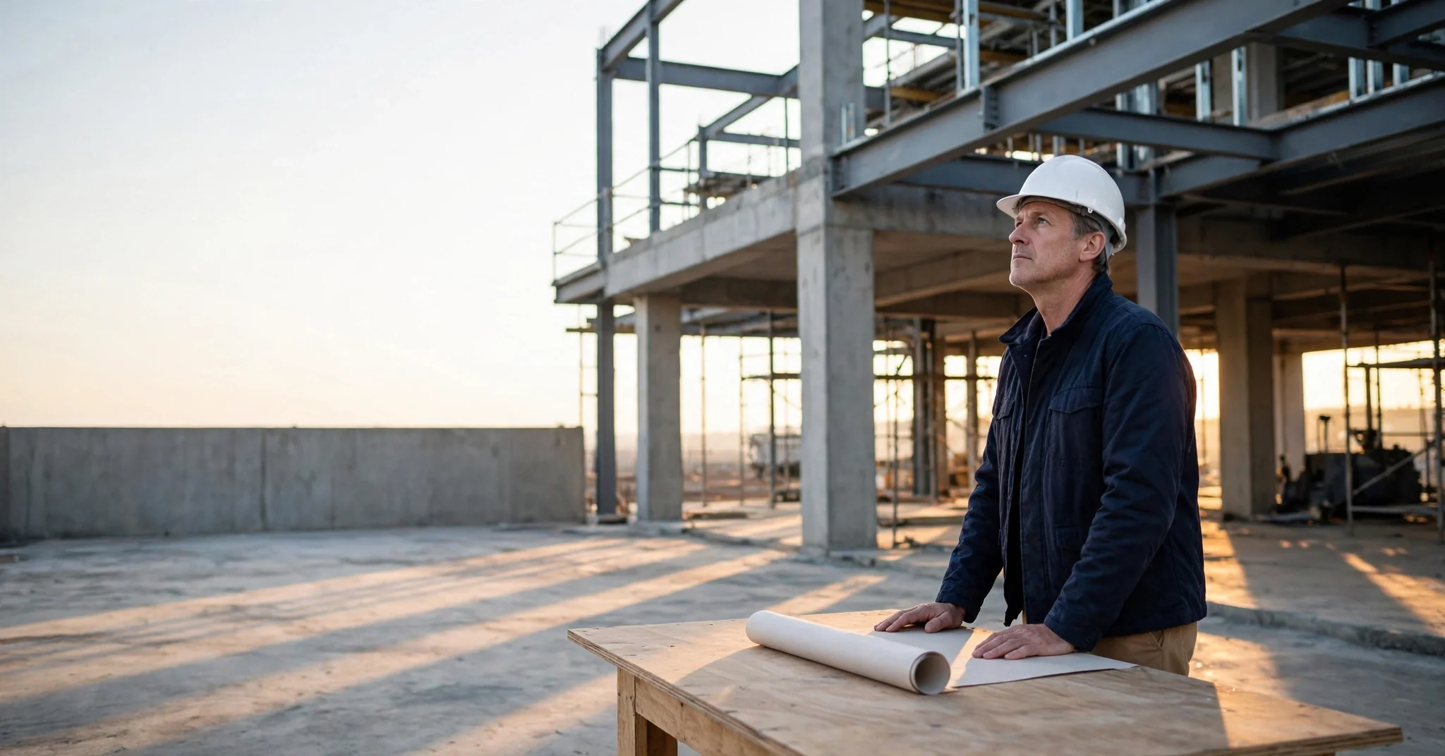 A man in a hard hat at a plywood table on a commercial construction site at sunrise, looking up at the unfinished structure.