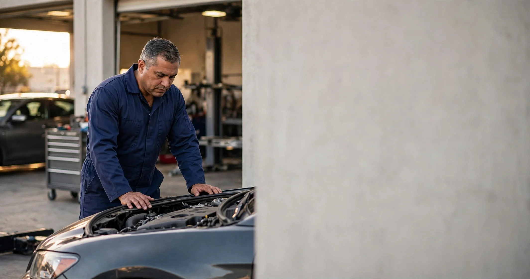 A mechanic in navy coveralls looking into the engine bay of a car in a clean two-bay garage.