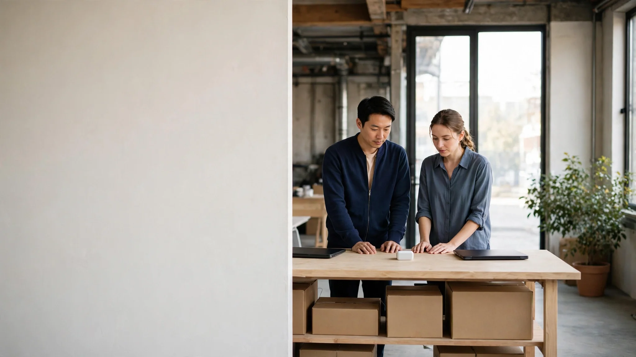 Two founders at a long oak worktable in a converted-warehouse studio, looking at a small handheld device between their closed laptops.