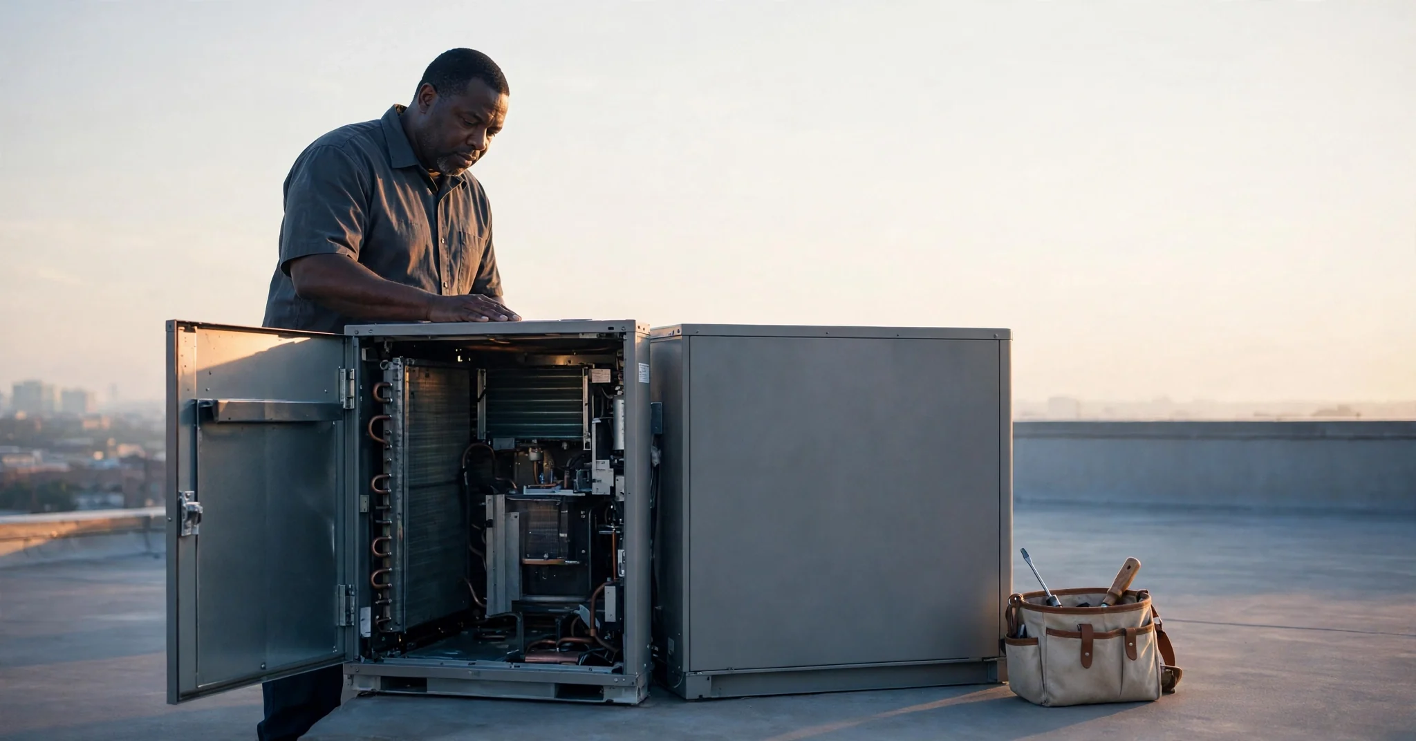 An HVAC technician looking into the open service panel of a rooftop unit at sunrise.