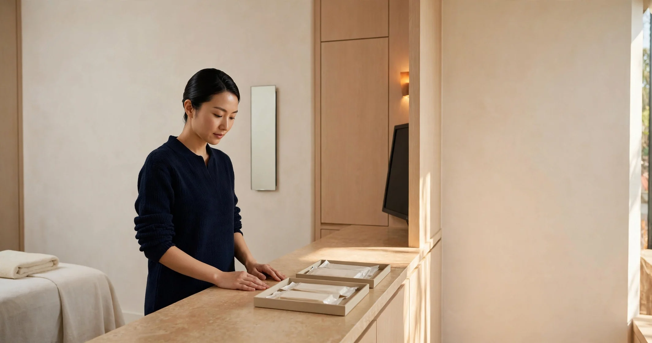 A med spa practitioner in a navy tunic at the stone counter of a quiet treatment room, beside two trays of sealed supplies.