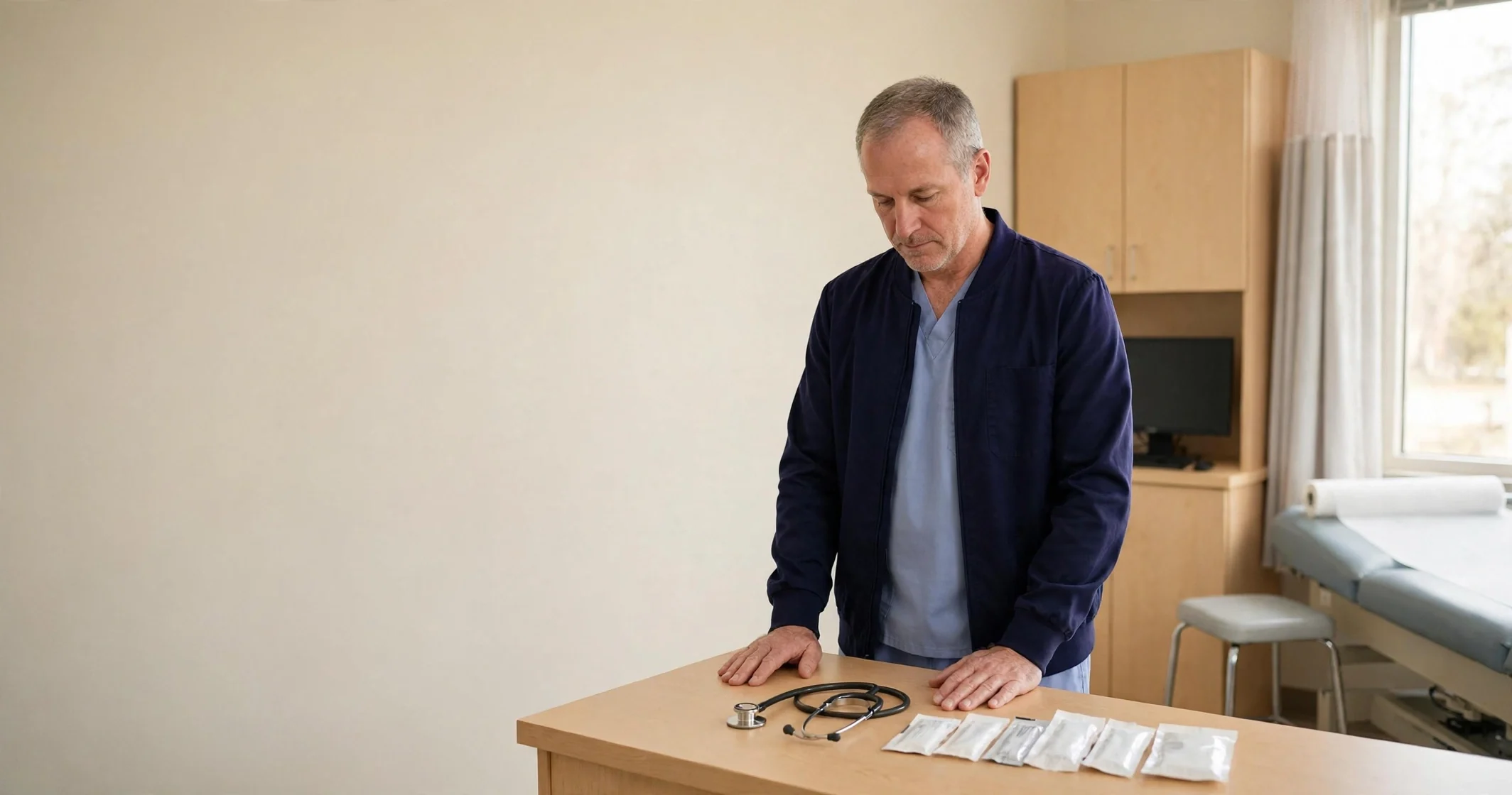 A physician in navy scrubs at the counter of a private exam room, beside a stethoscope and sealed supplies.