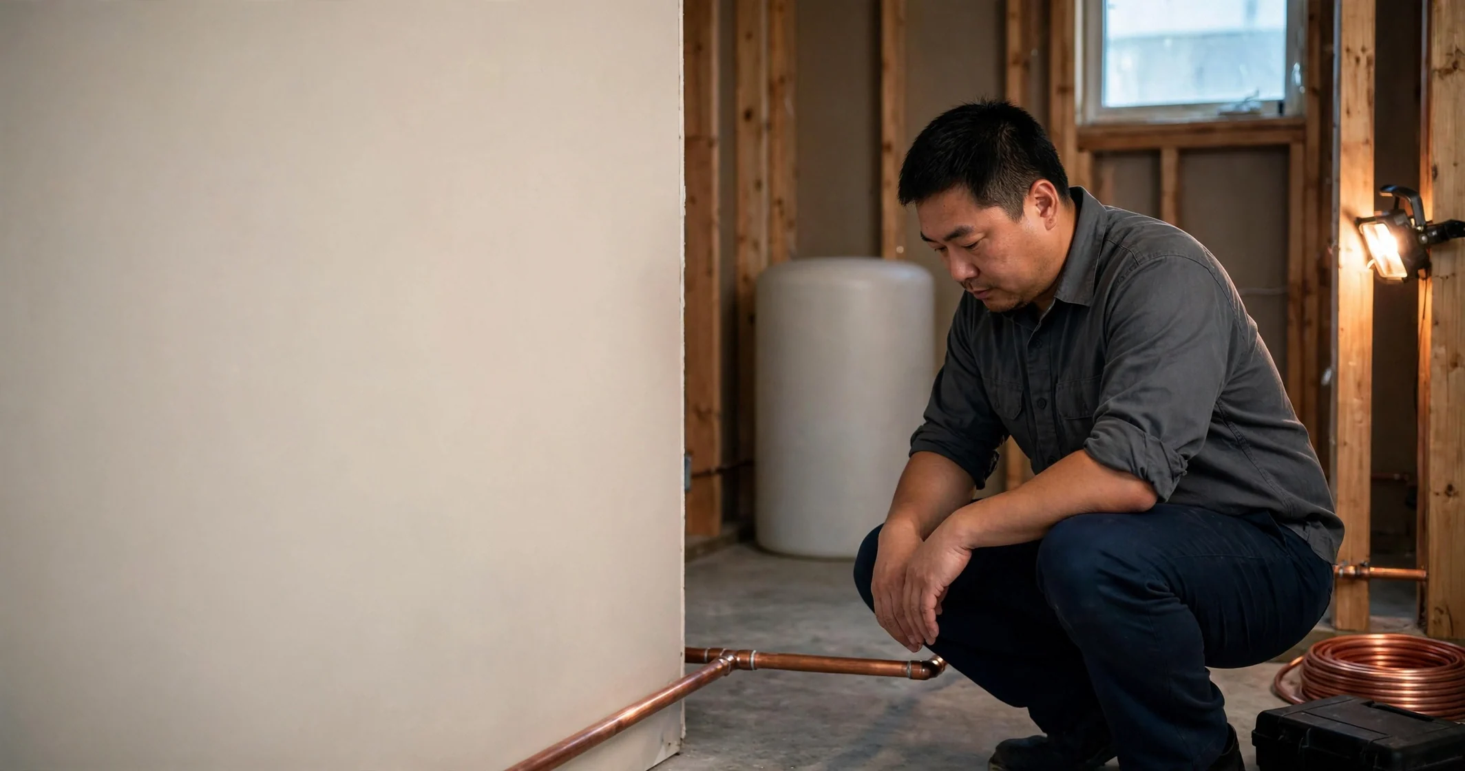 A plumber crouching beside a copper pipe run in an unfinished utility room.
