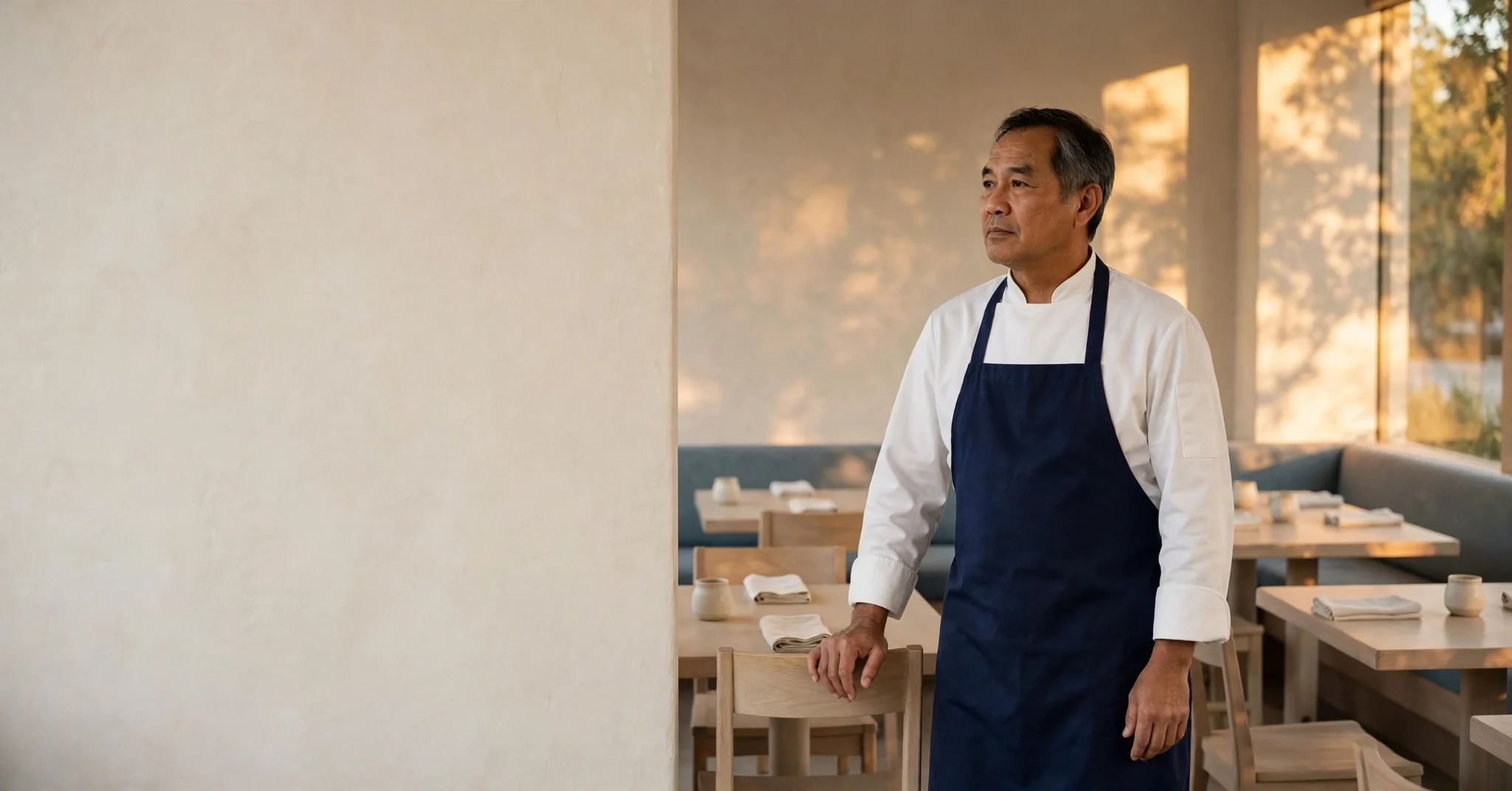 A chef-owner standing beside a set table in an empty restaurant, looking across the dining room before service.