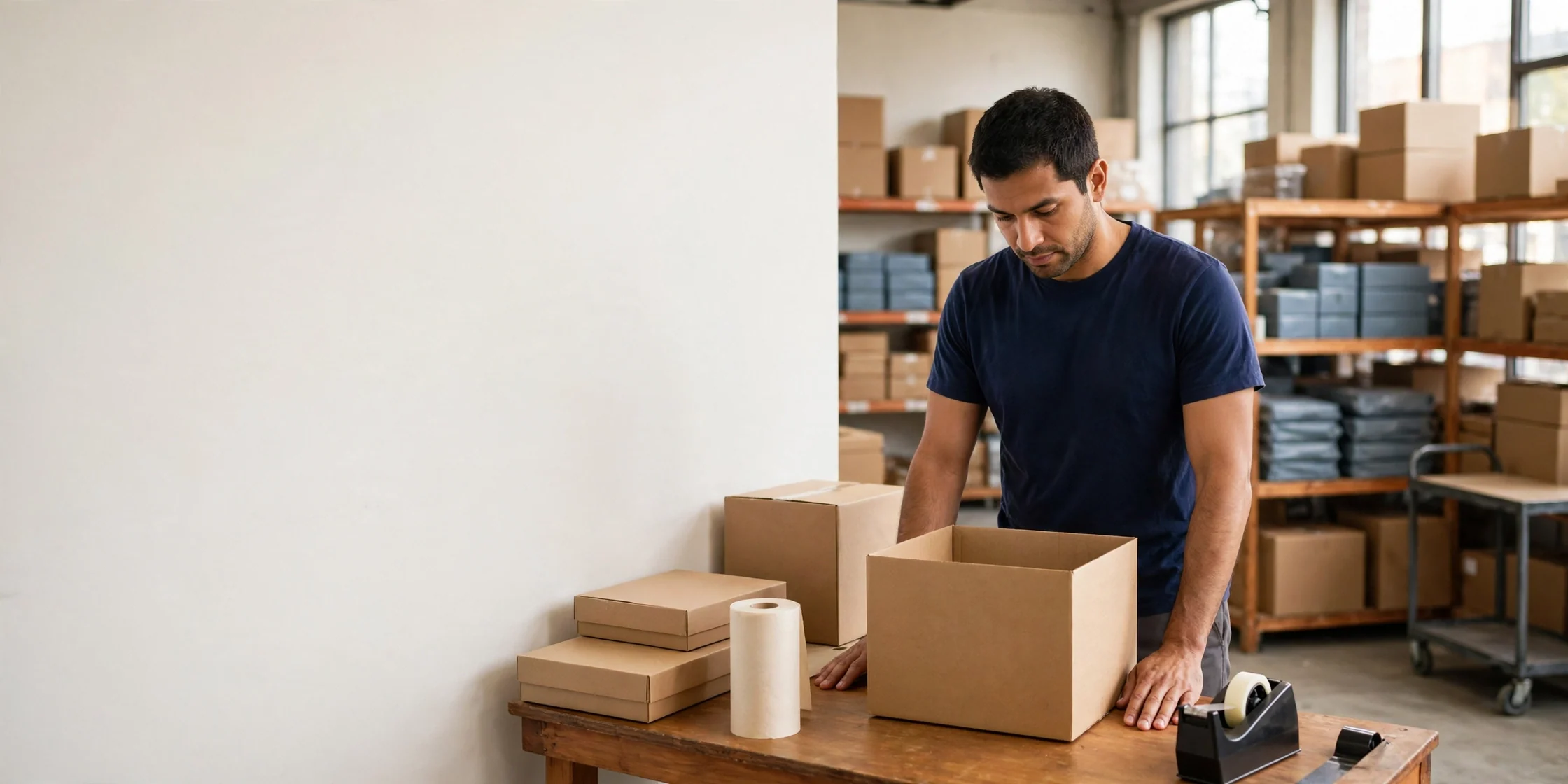 A man at a packing bench in a small warehouse, an open kraft box and plain packing materials in front of him.