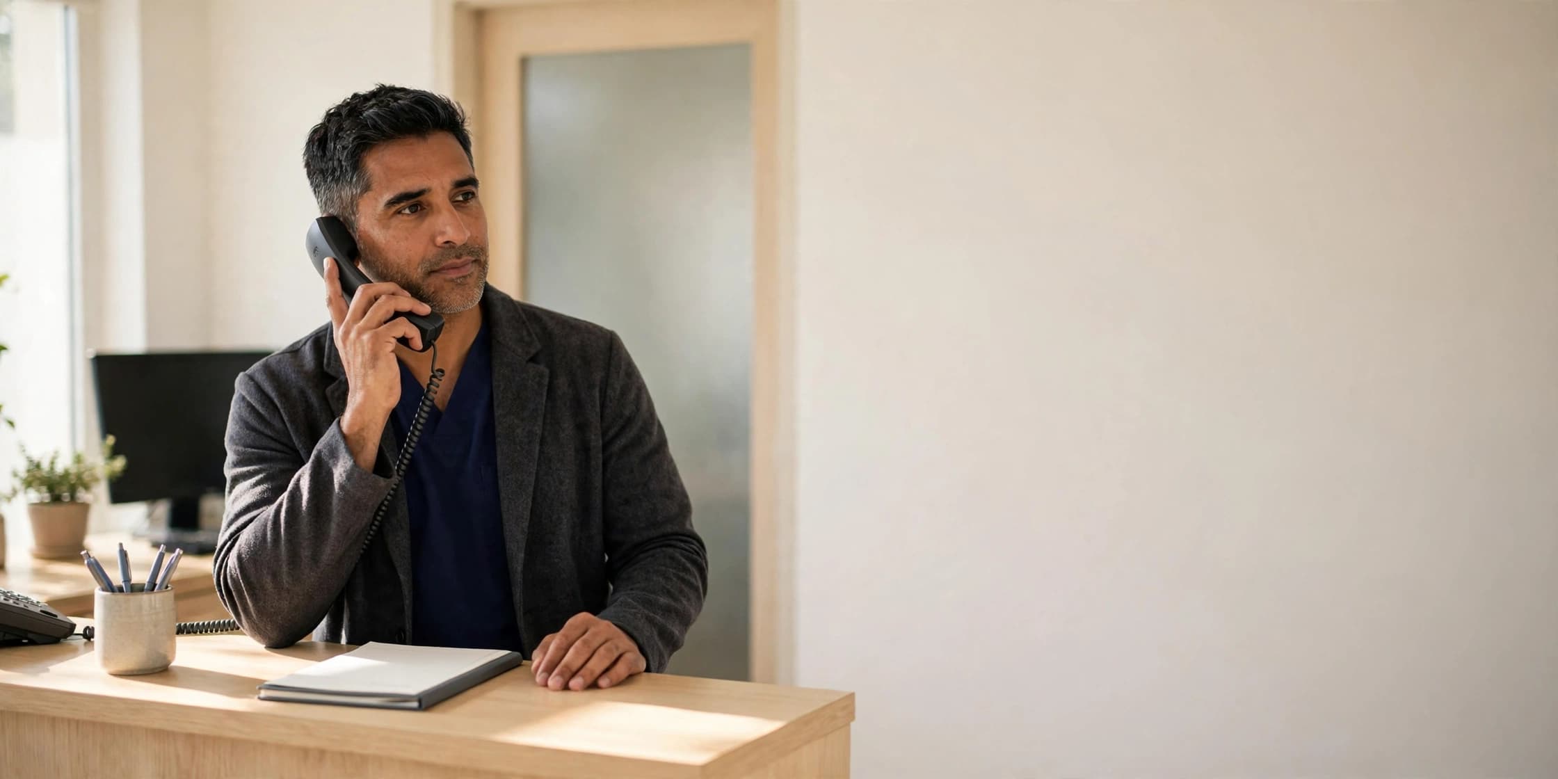 A man in navy scrubs taking a call at the front desk of a small dental practice, a closed appointment book on the counter beside him.