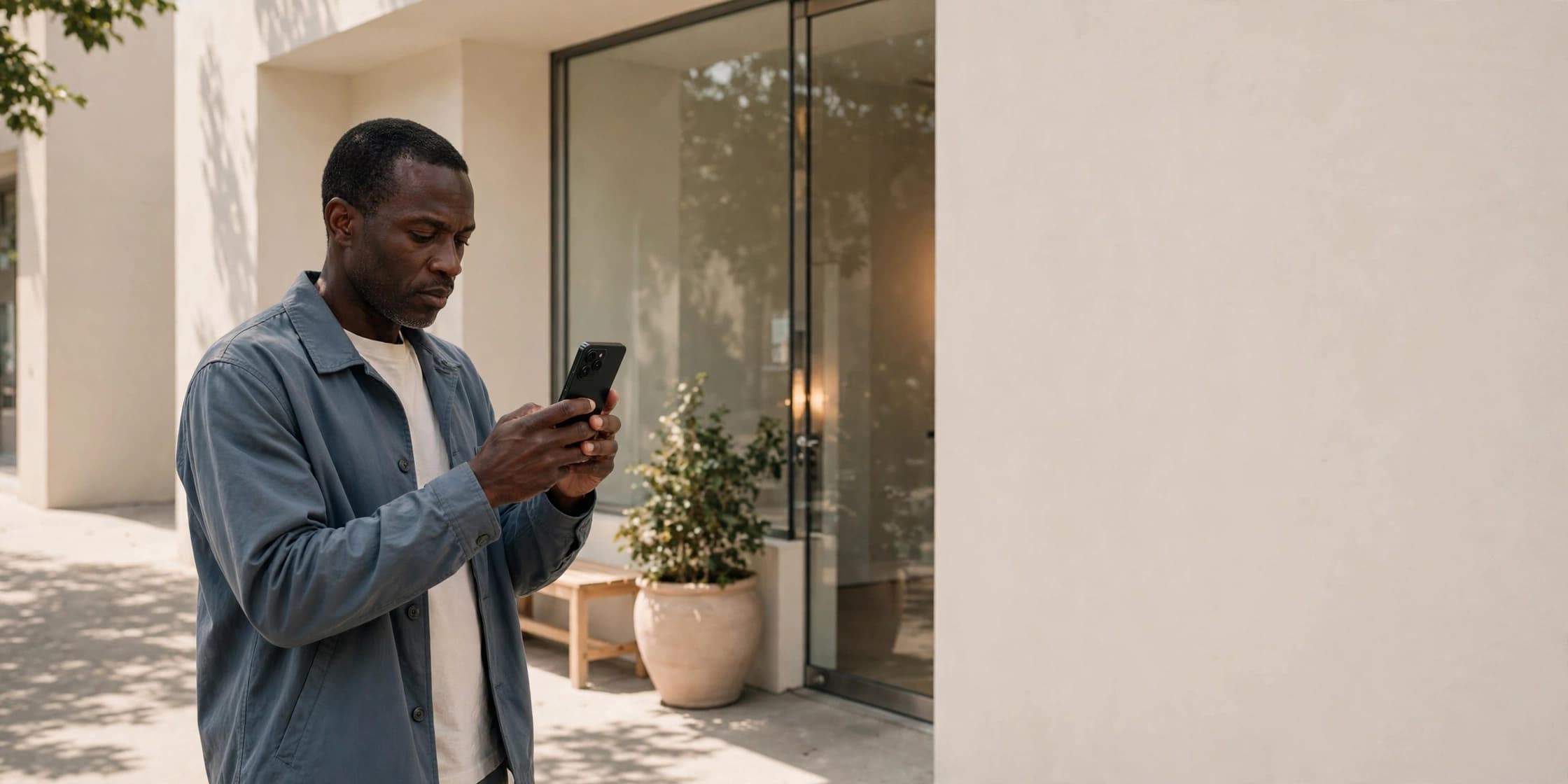 A shop owner photographing the entrance of his storefront with a phone on a quiet morning sidewalk.