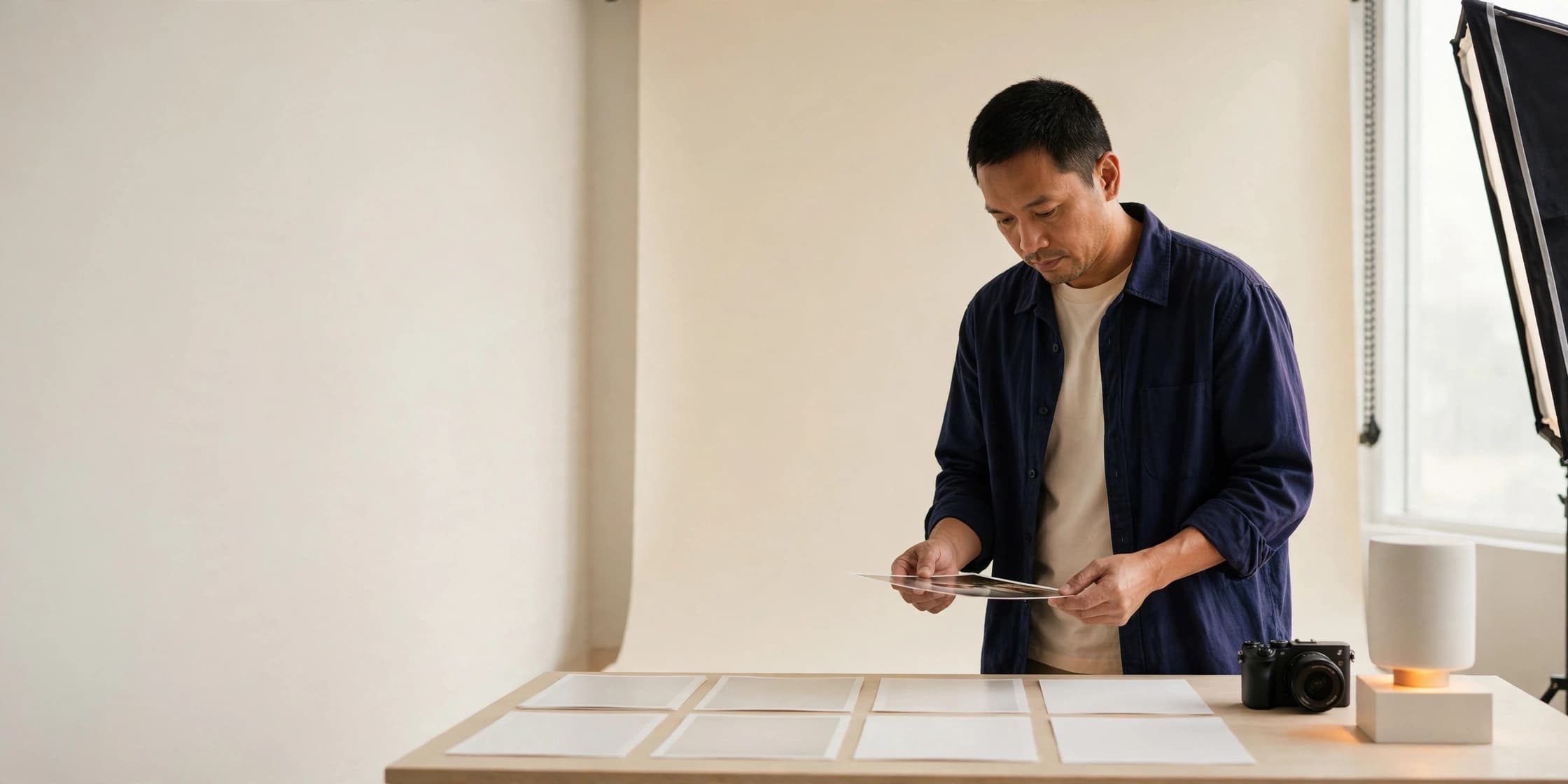 A man in a photo studio holding a single print above a row of prints laid out on a table.
