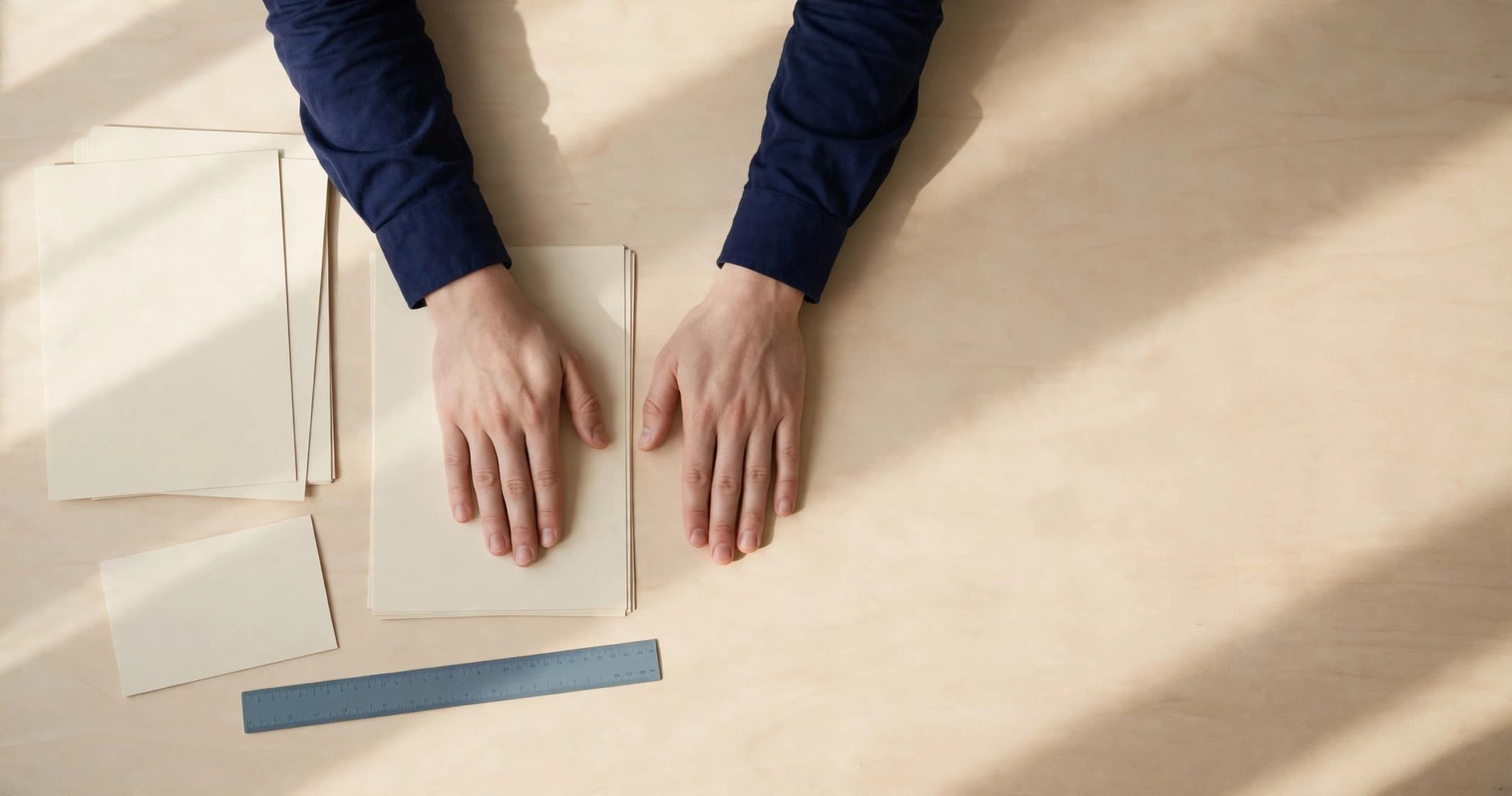 Overhead view of a man's hands resting flat on blank cream pages laid out across a pale wood drafting table.