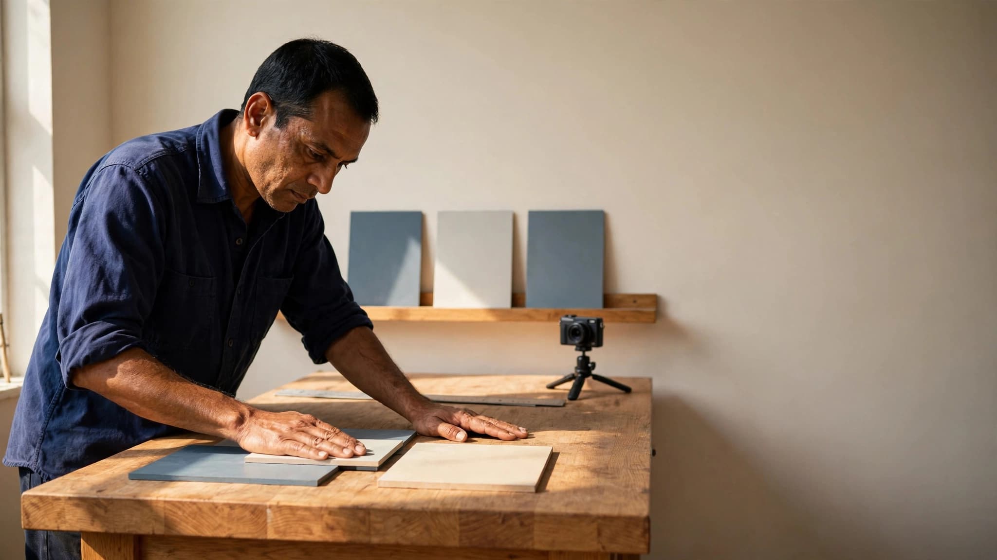 A man aligning flat material samples on a heavy oak bench beside a camera on a tripod.