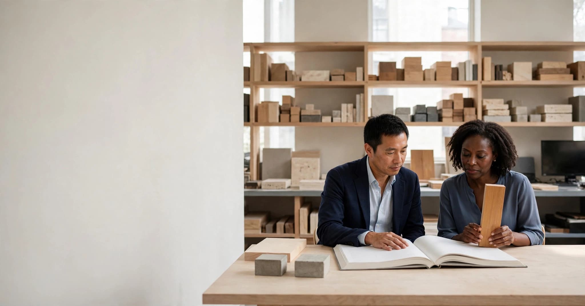 A man and a woman at a long table in an architecture materials library, looking at an open book while she holds a timber sample.