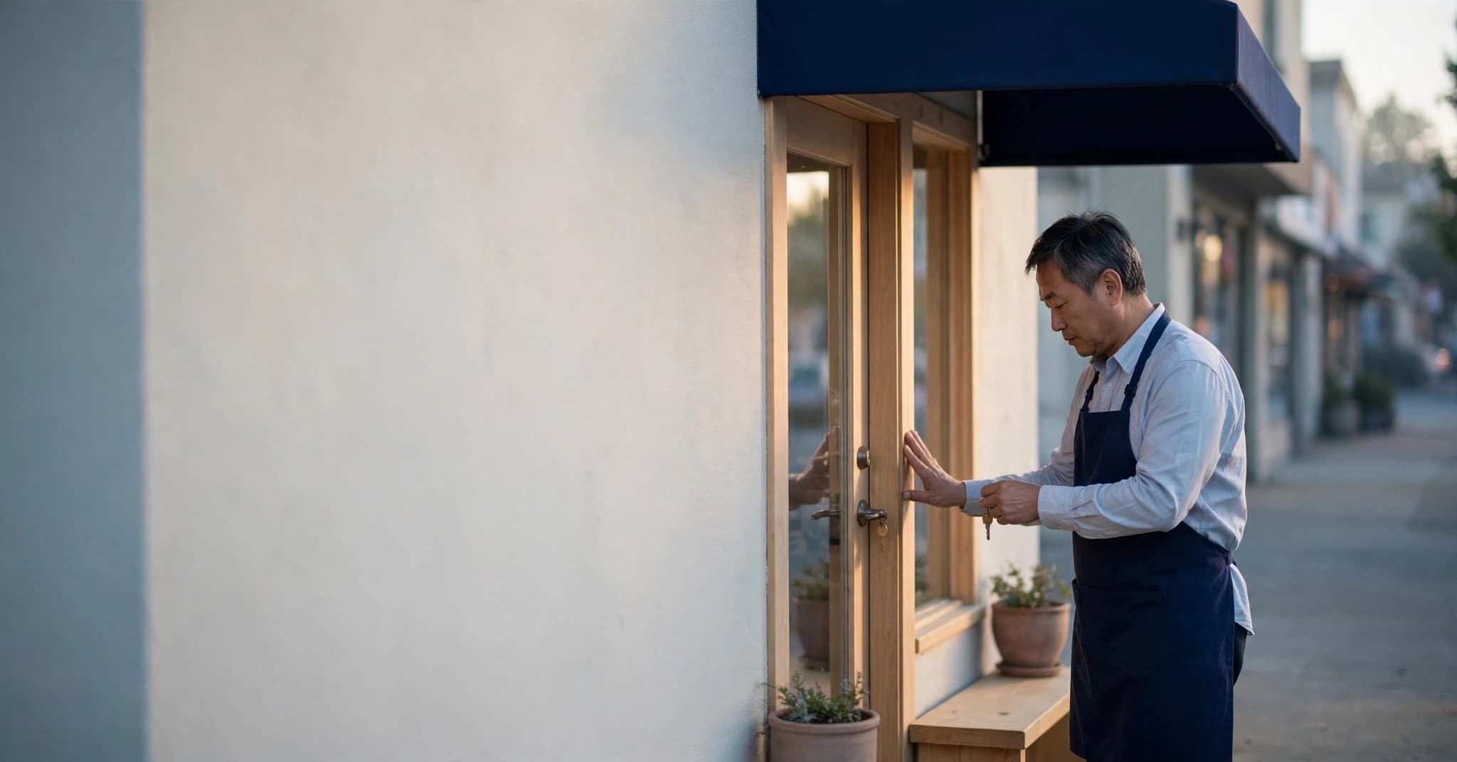 A shop owner in a navy apron unlocking the front door of his neighborhood store at sunrise.