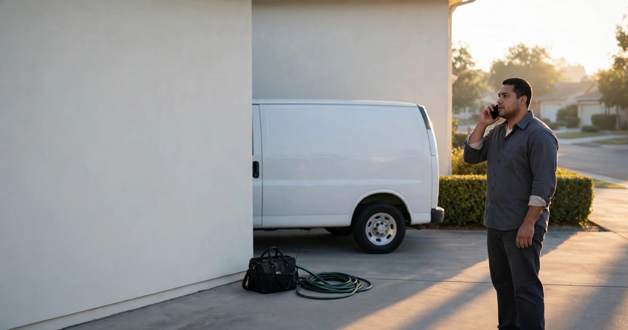 A service technician standing beside his plain white van in a driveway at dawn, taking a call.