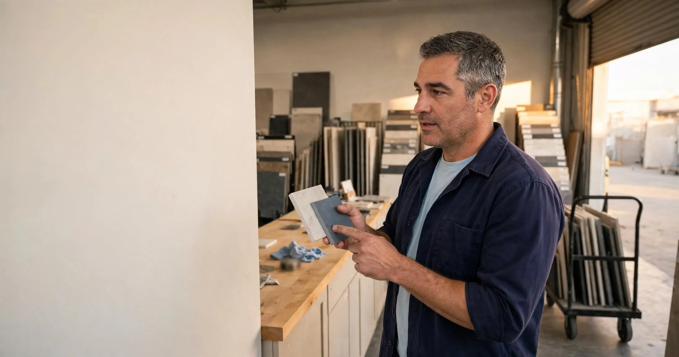 Business owner comparing material samples in a small Los Angeles showroom.