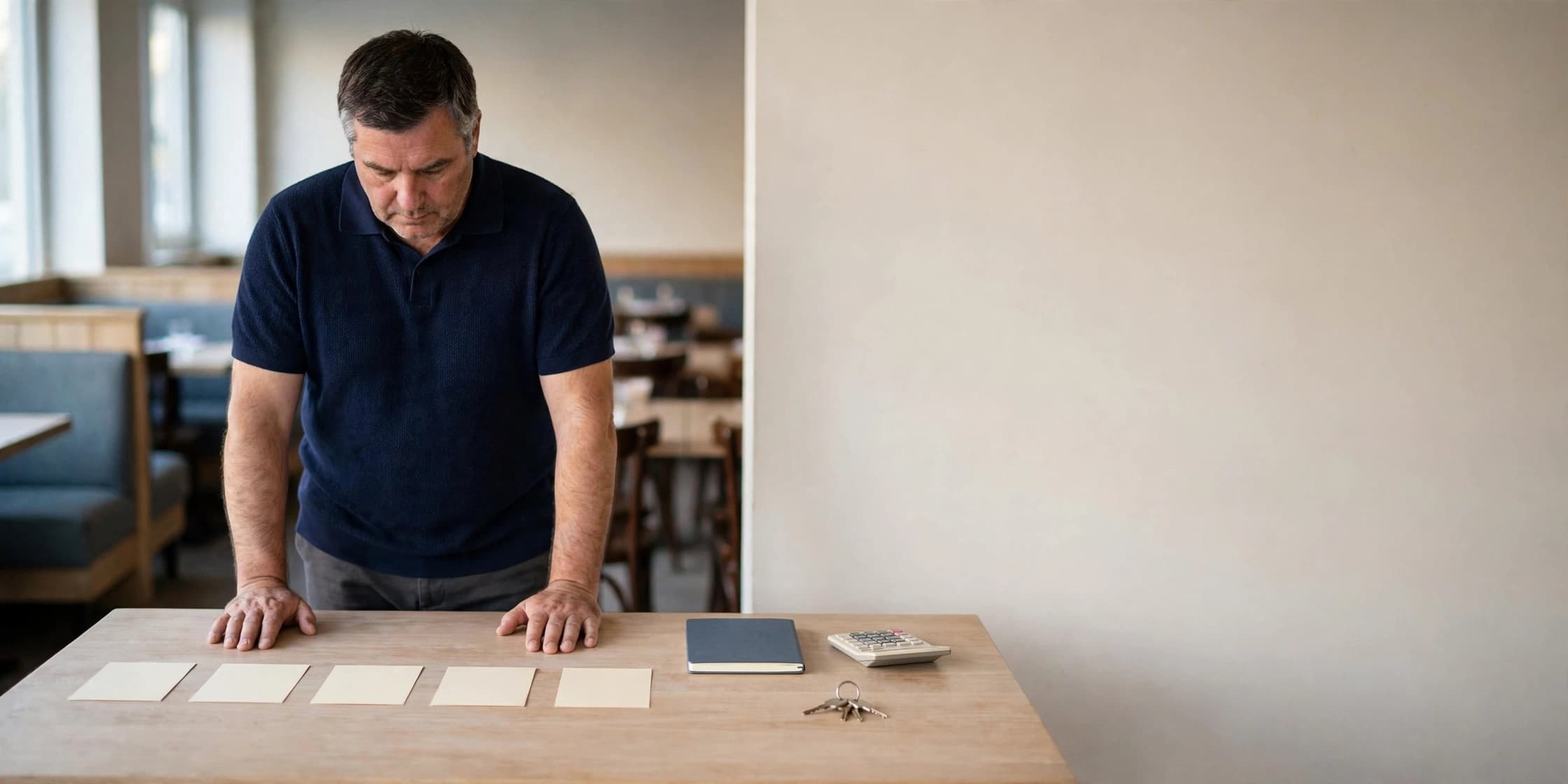 A business owner standing over five blank cards laid out in a row on a table, working out the order of the work.